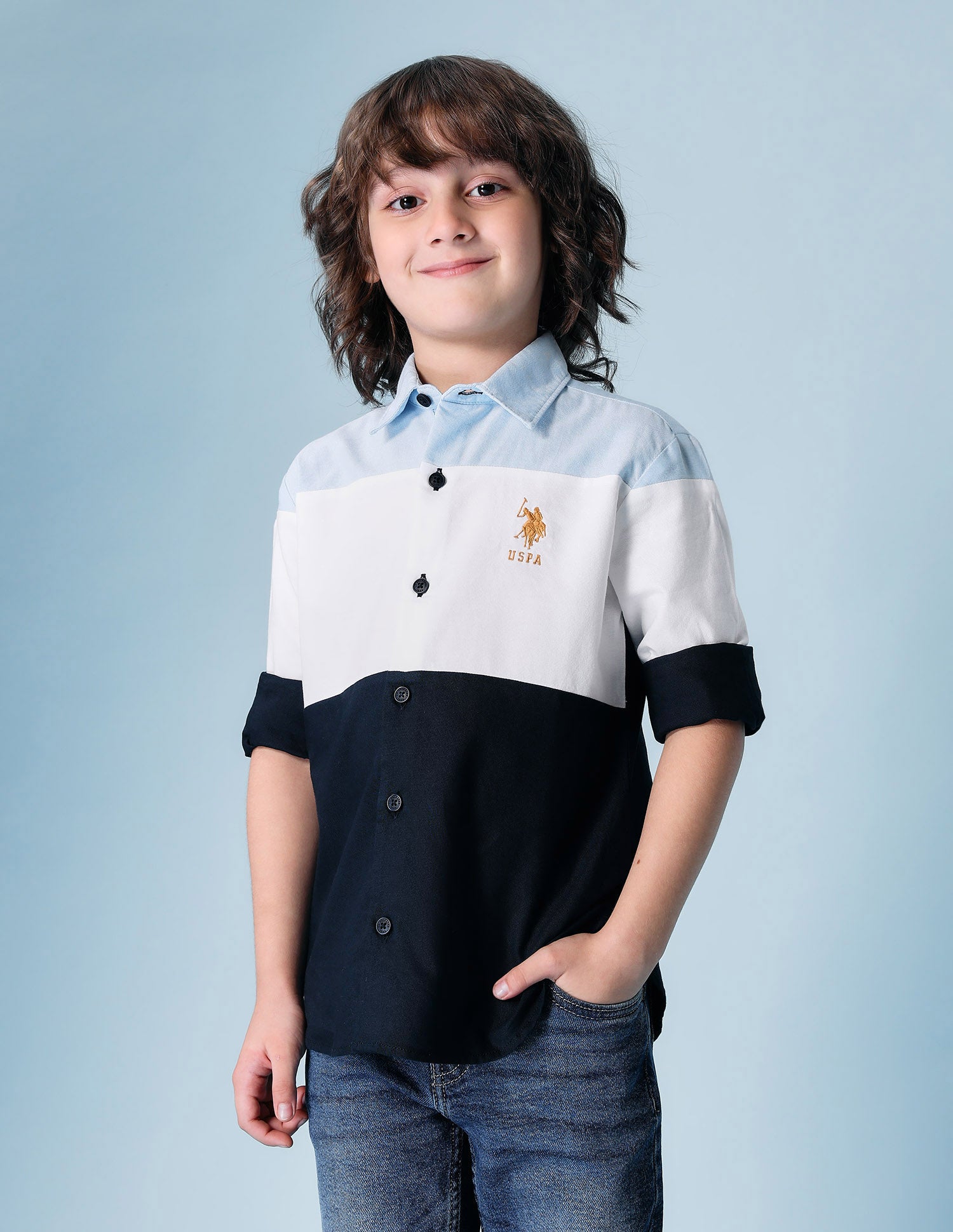 Boys Colorblocked Pure Cotton Shirt Light Blue - U.S. POLO ASSN. | Large