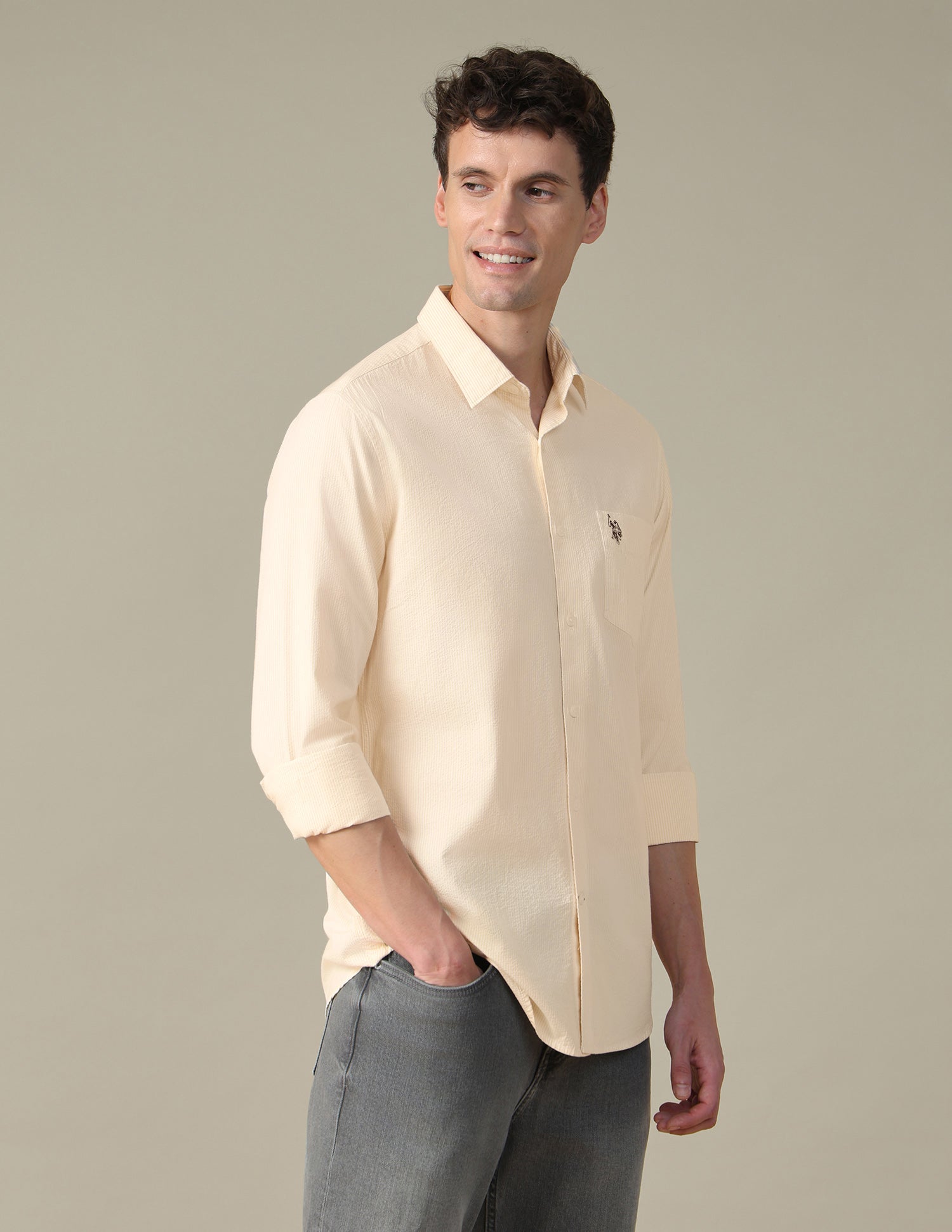 Vertical Striped Seersucker Shirt Light Yellow - U.S. Polo Assn. India | Large