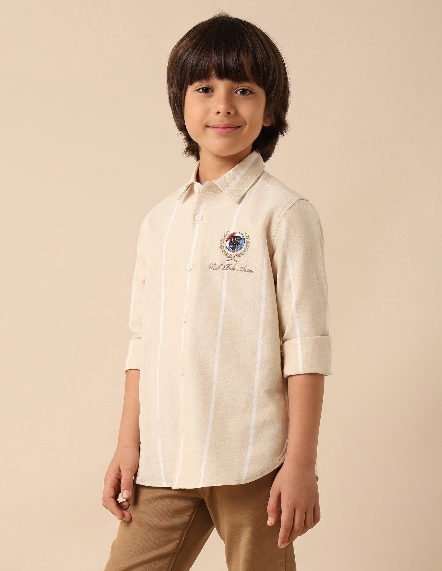 Boys Vertical Striped Oxford Shirt Beige - U.S. POLO ASSN. | Large