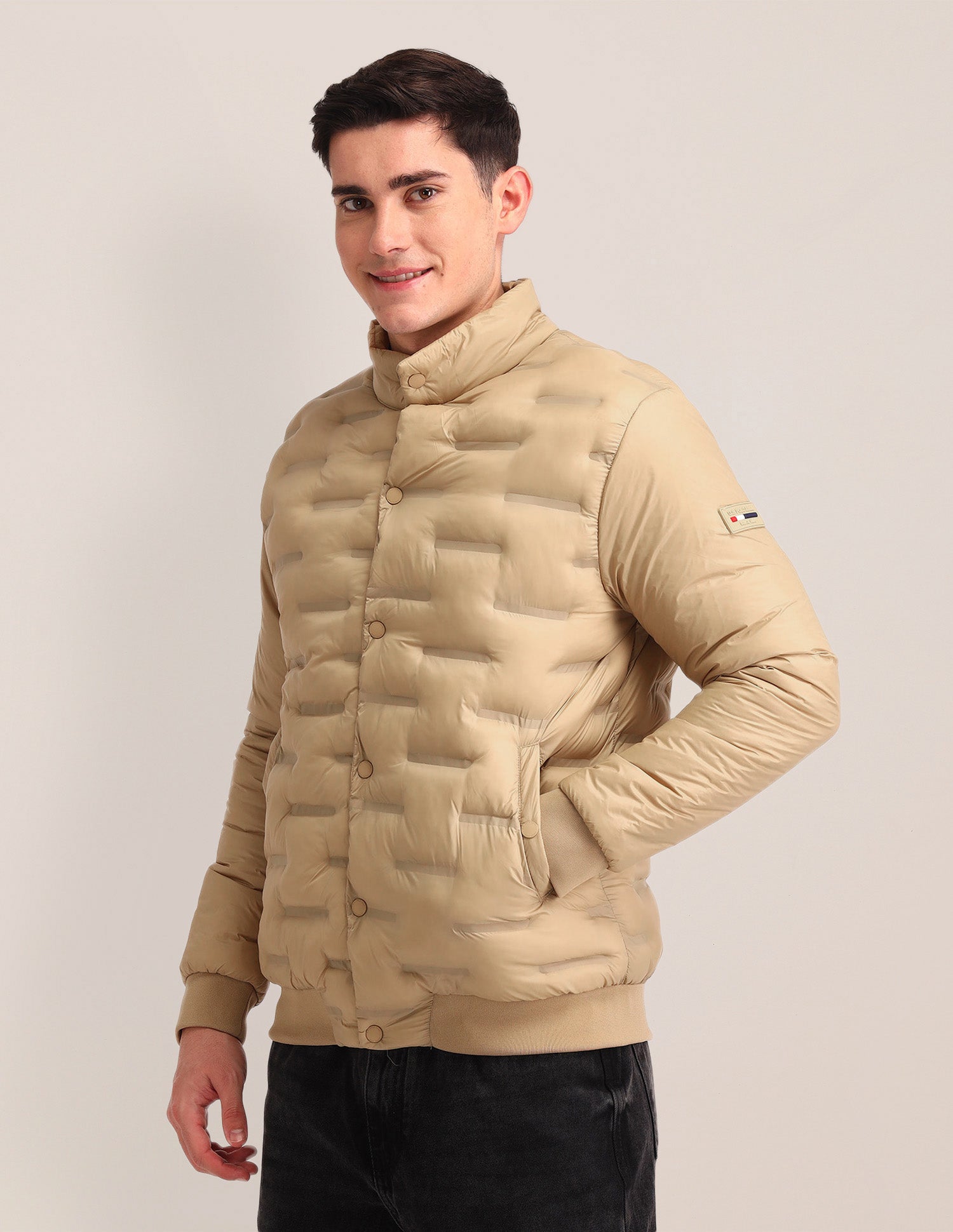 Solid High Neck Puffer Jacket Khaki - U.S. Polo Assn. India | Large
