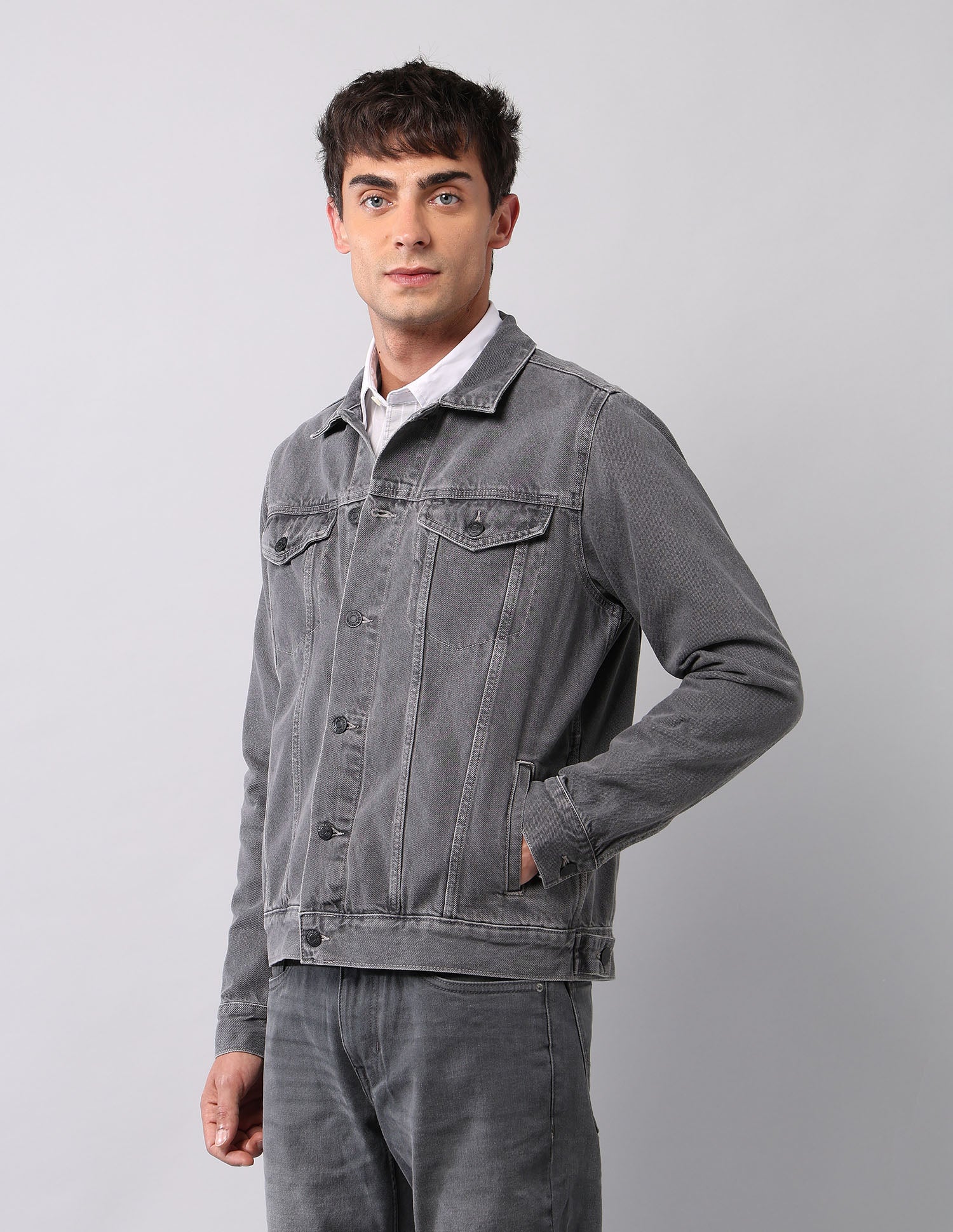 Pure Cotton Regular Fit Denim Jacket Grey - U.S. Polo Assn. India | Large