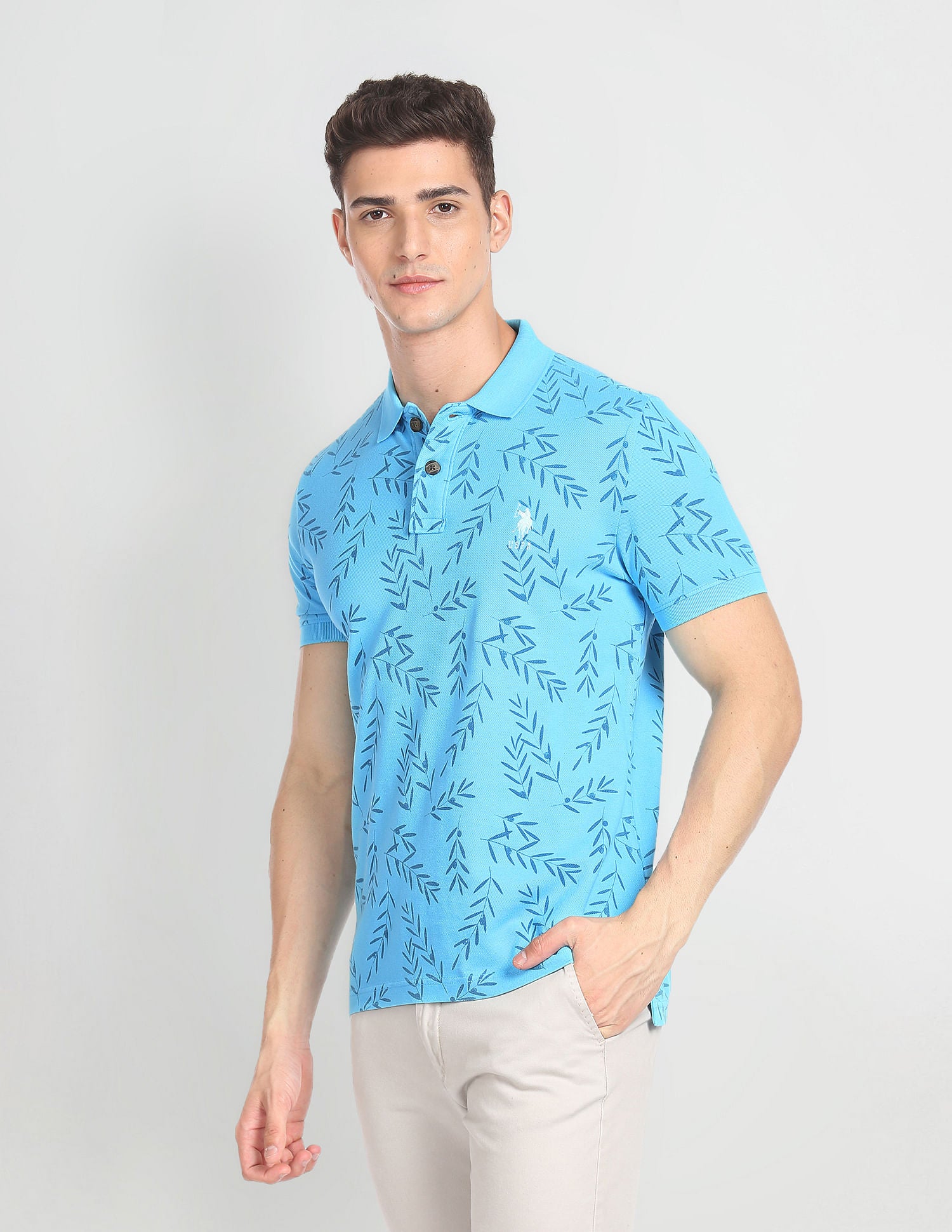 Floral Print Cotton Polo Shirt Light Blue - U.S. POLO ASSN. | Large