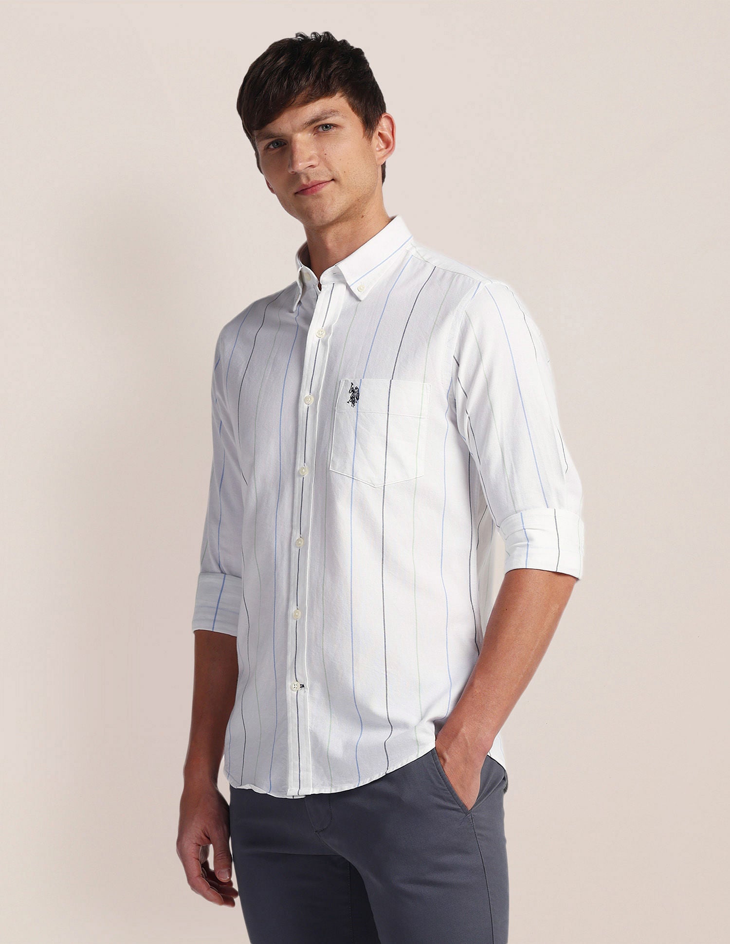 Vertical Stripe Cotton Shirt White - U.S. POLO ASSN. | Large