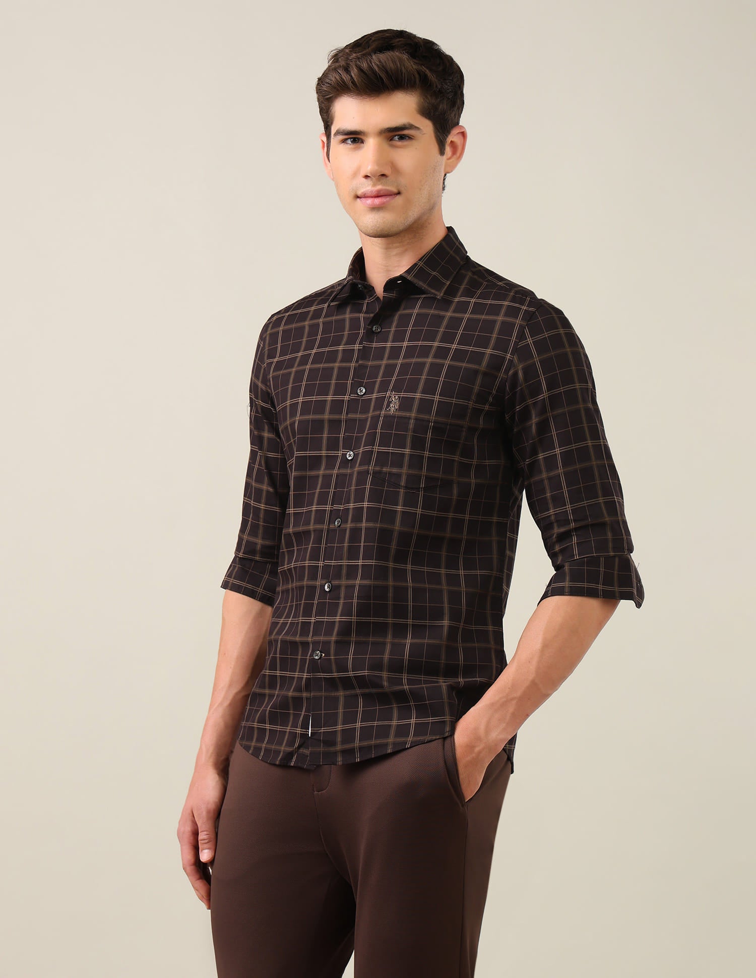 Grid Tattersall Checked Tailored Fit Shirt Brown - U.S. Polo Assn. India | Large