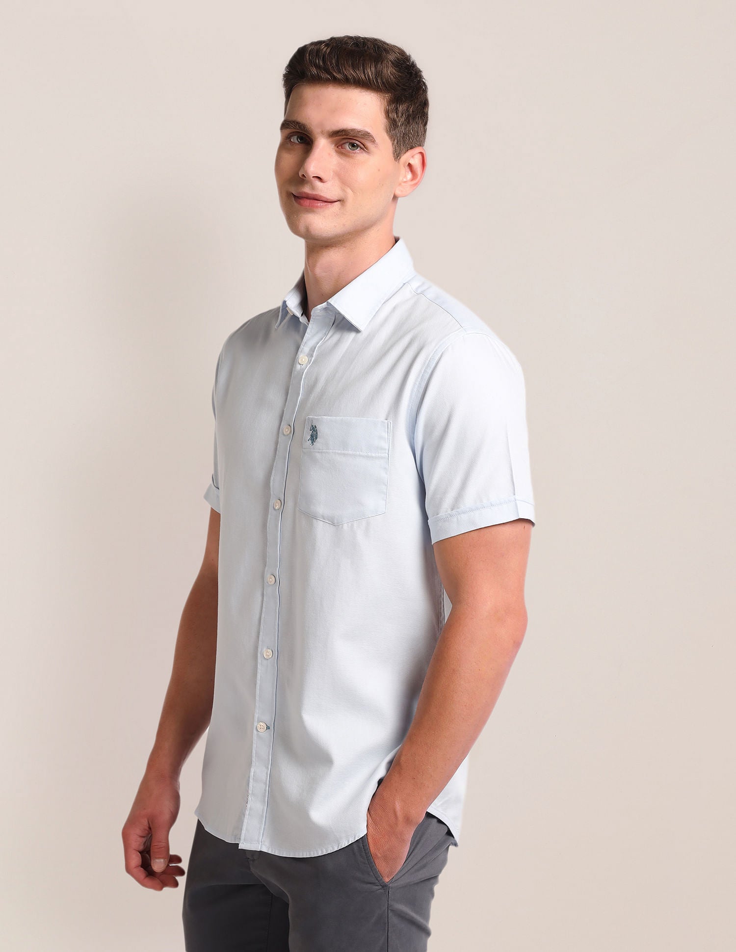 Tailored Regular Fit Solid Shirt Blue - U.S. Polo Assn. India | Large