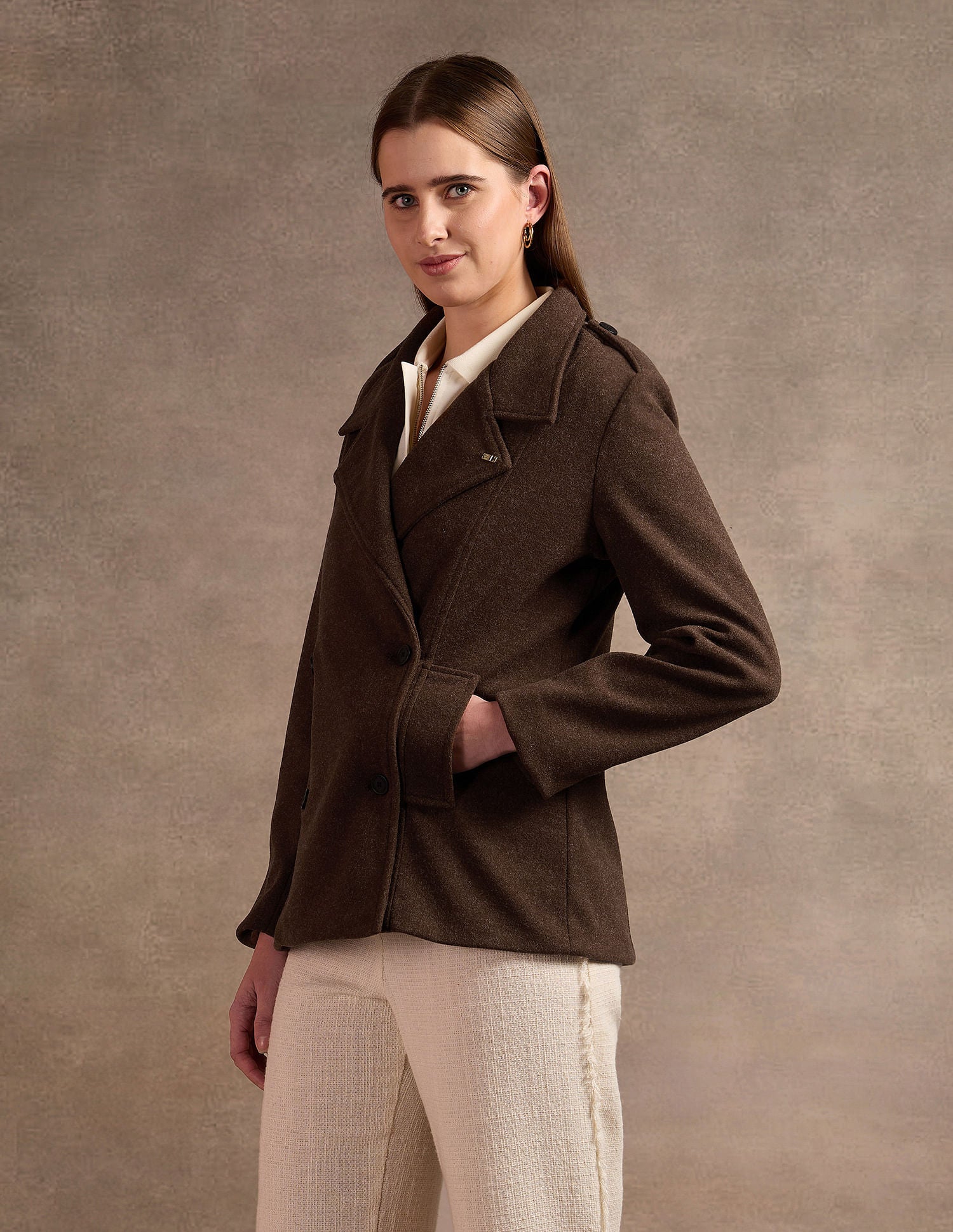 Notched Collar Double-Breasted Jacket Brown - U.S. POLO ASSN. | Large