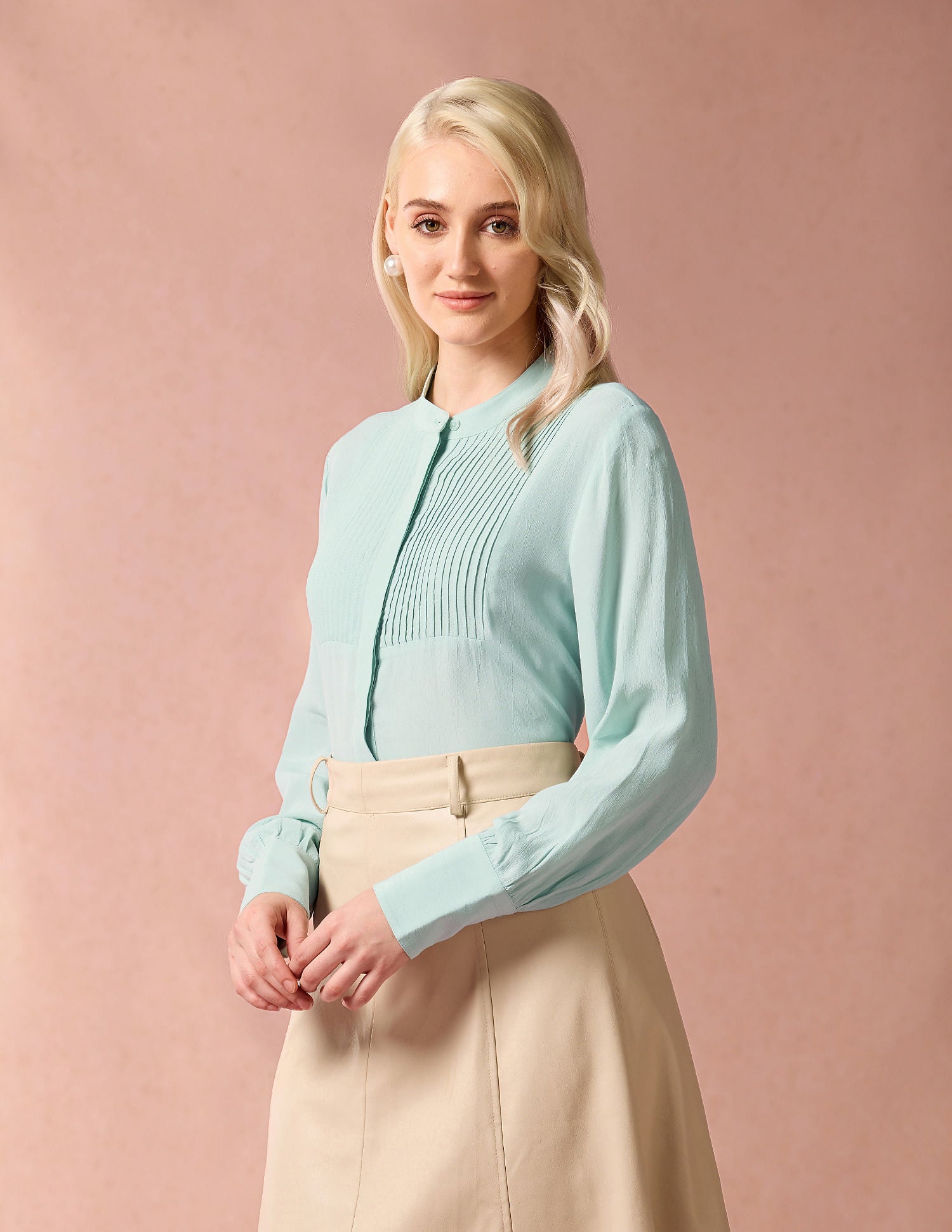 Mandarin Collar Pintucked Top Mint - U.S. POLO ASSN. | Large