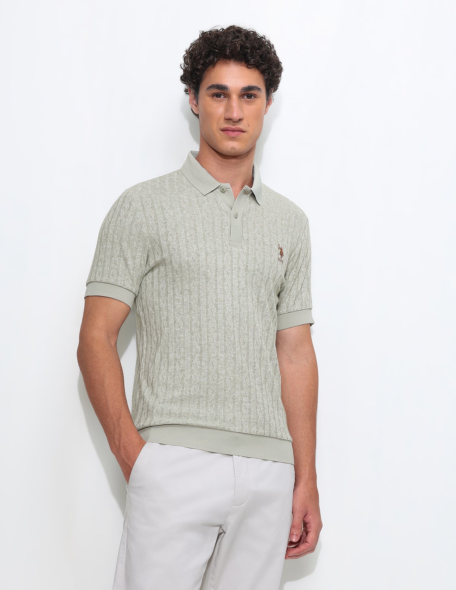 Textured Slim Fit Polo Shirt Light Green - U.S. Polo Assn. India | Large