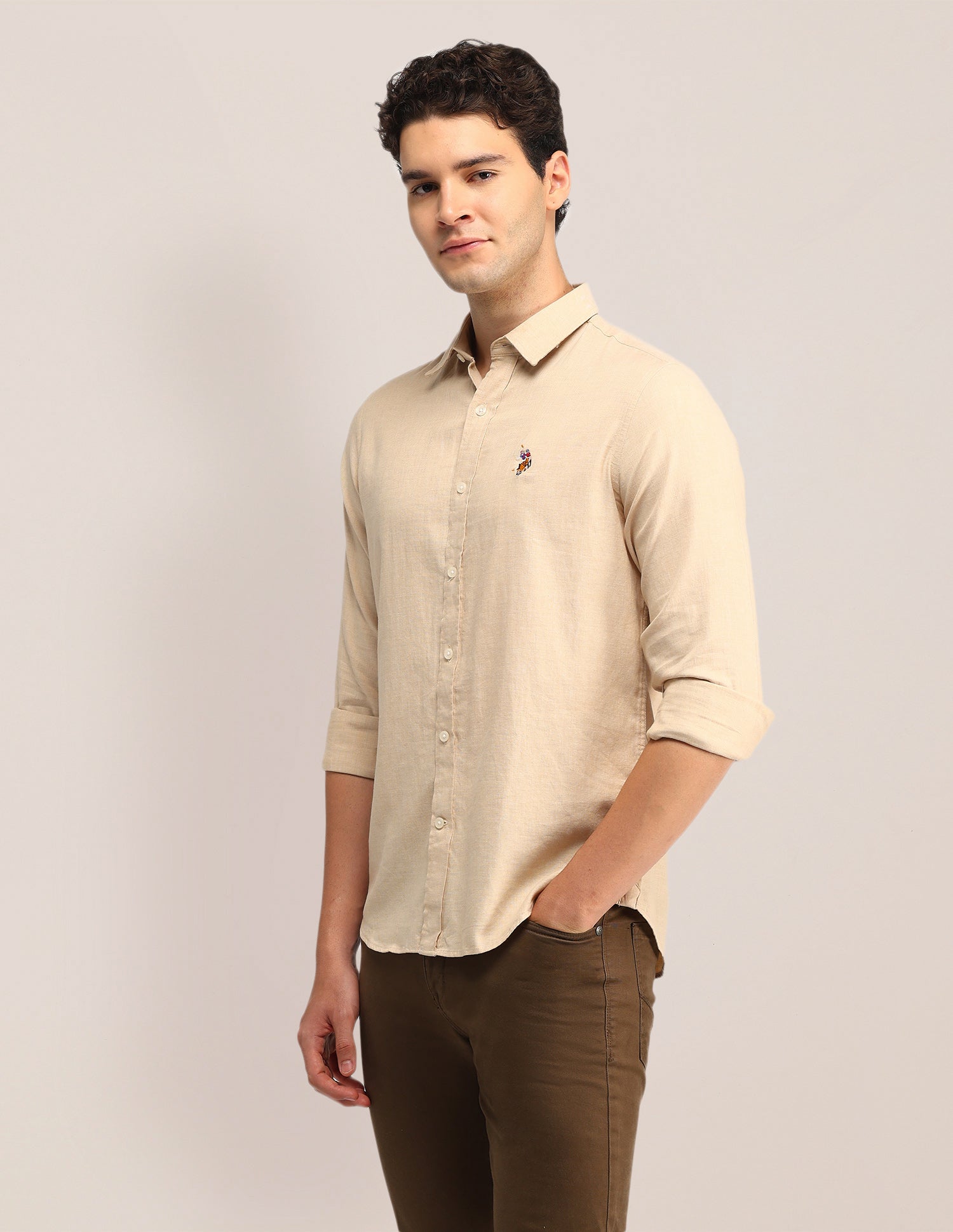 Solid Tailored Fit Shirt Beige - U.S. POLO ASSN. | Large