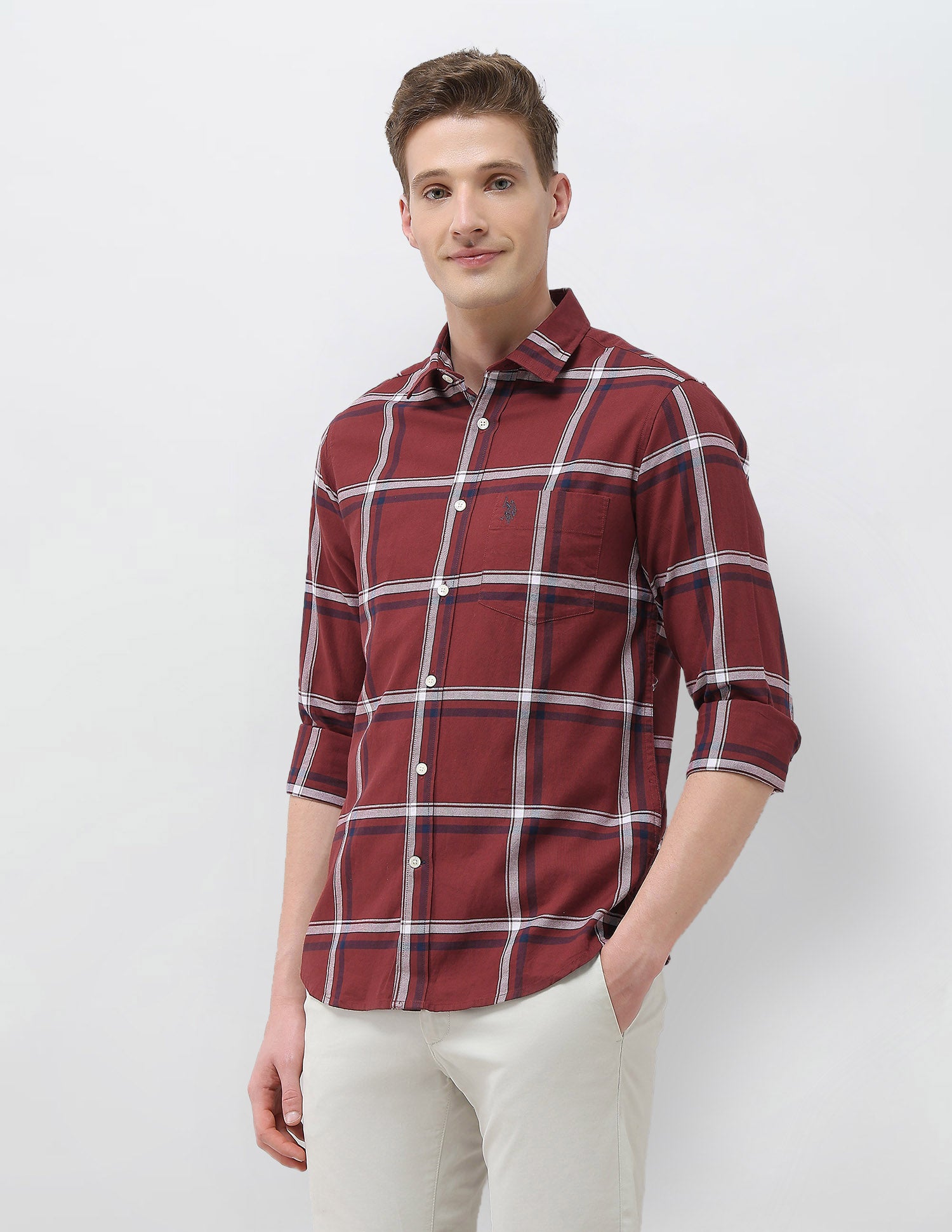 Windowpane Checked New Port Marina Shirt Maroon - U.S. Polo Assn. India | Large