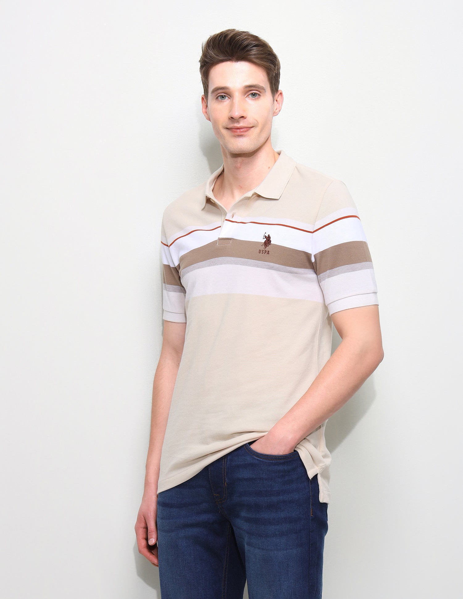 Horizontal Striped Slim Fit Polo Shirt Beige - U.S. Polo Assn. India | Large