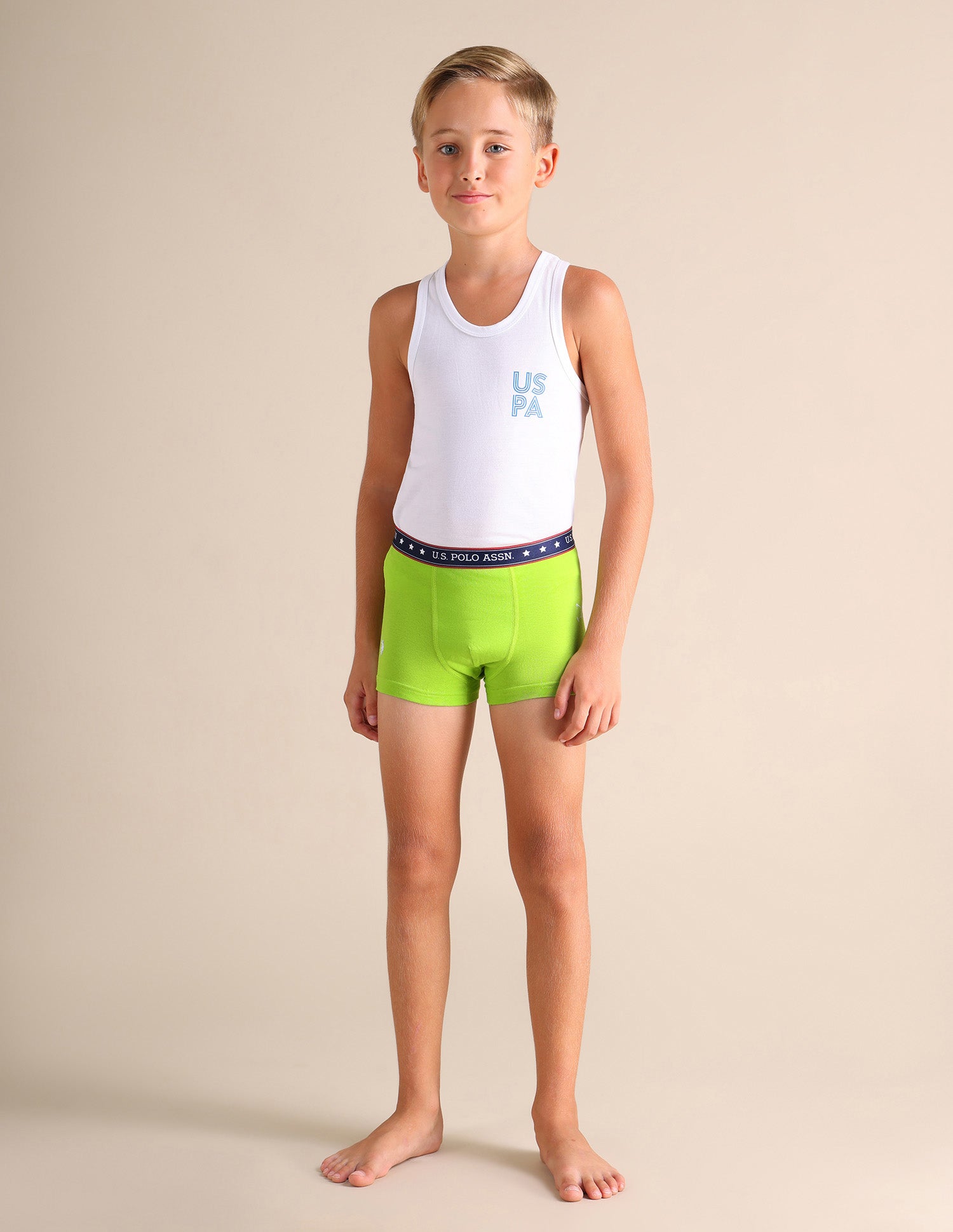 Solid Cotton Spandex EKT03 Trunks - Pack Of 2 Lime Green and Beige - U.S. POLO ASSN. | Large
