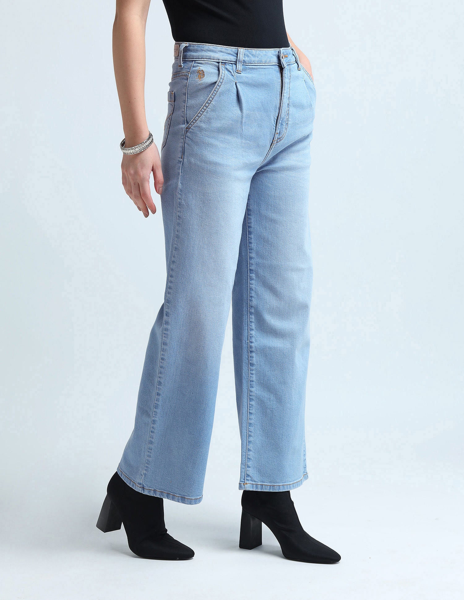 Pleated Wide Leg Fit Blue Jeans Blue - U.S. Polo Assn. India | Large