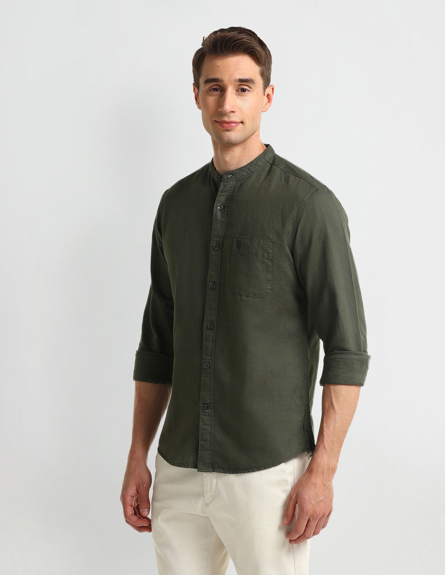 Slim Fit Solid Shirt Olive - U.S. Polo Assn. India | Large