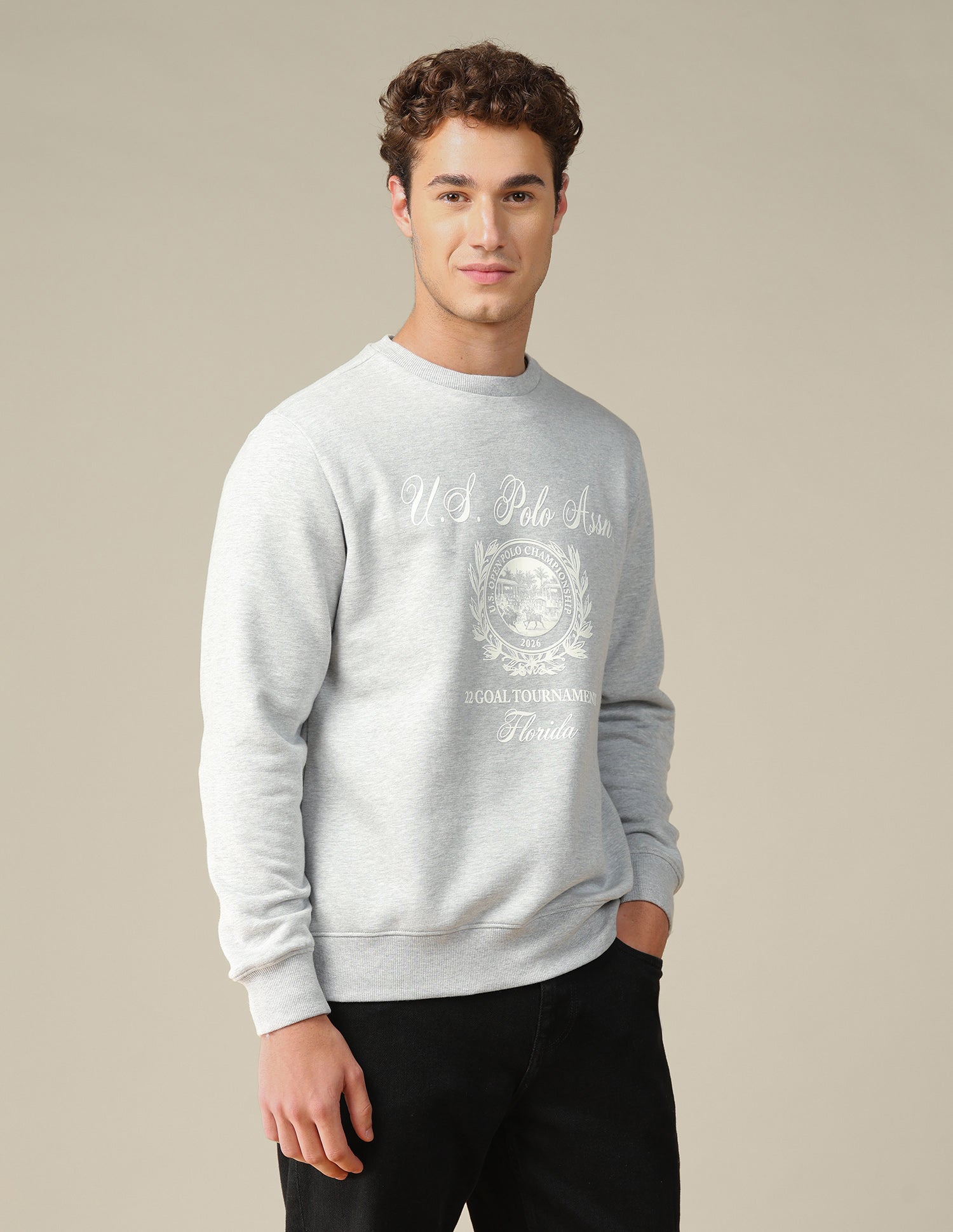 Graphic Brand Printed Regular Fit Sweatshirt Ecru Melange - U.S. Polo Assn. India | Large