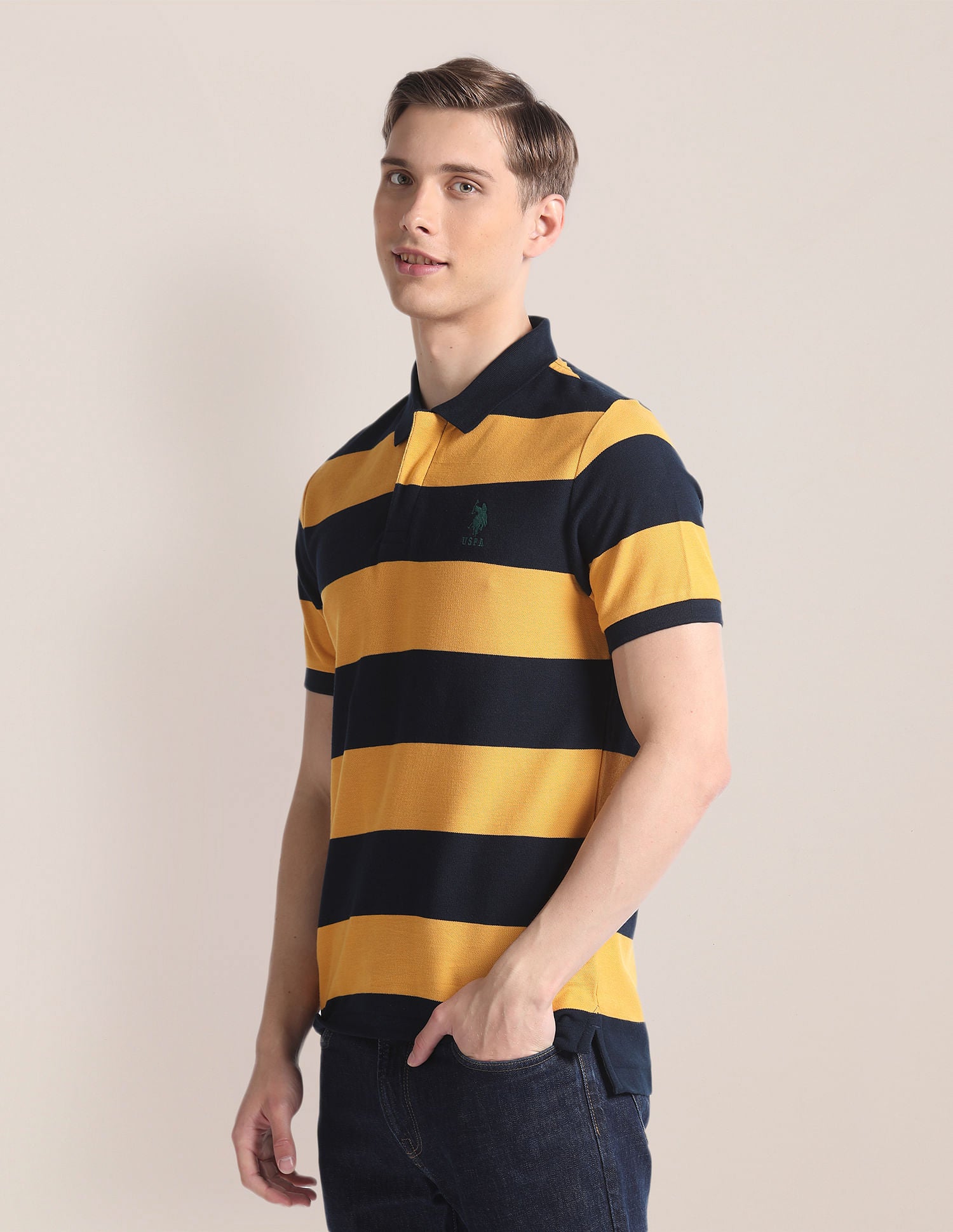 Horizontal Stripe Slim Polo Shirt Mustard - U.S. Polo Assn. India | Large