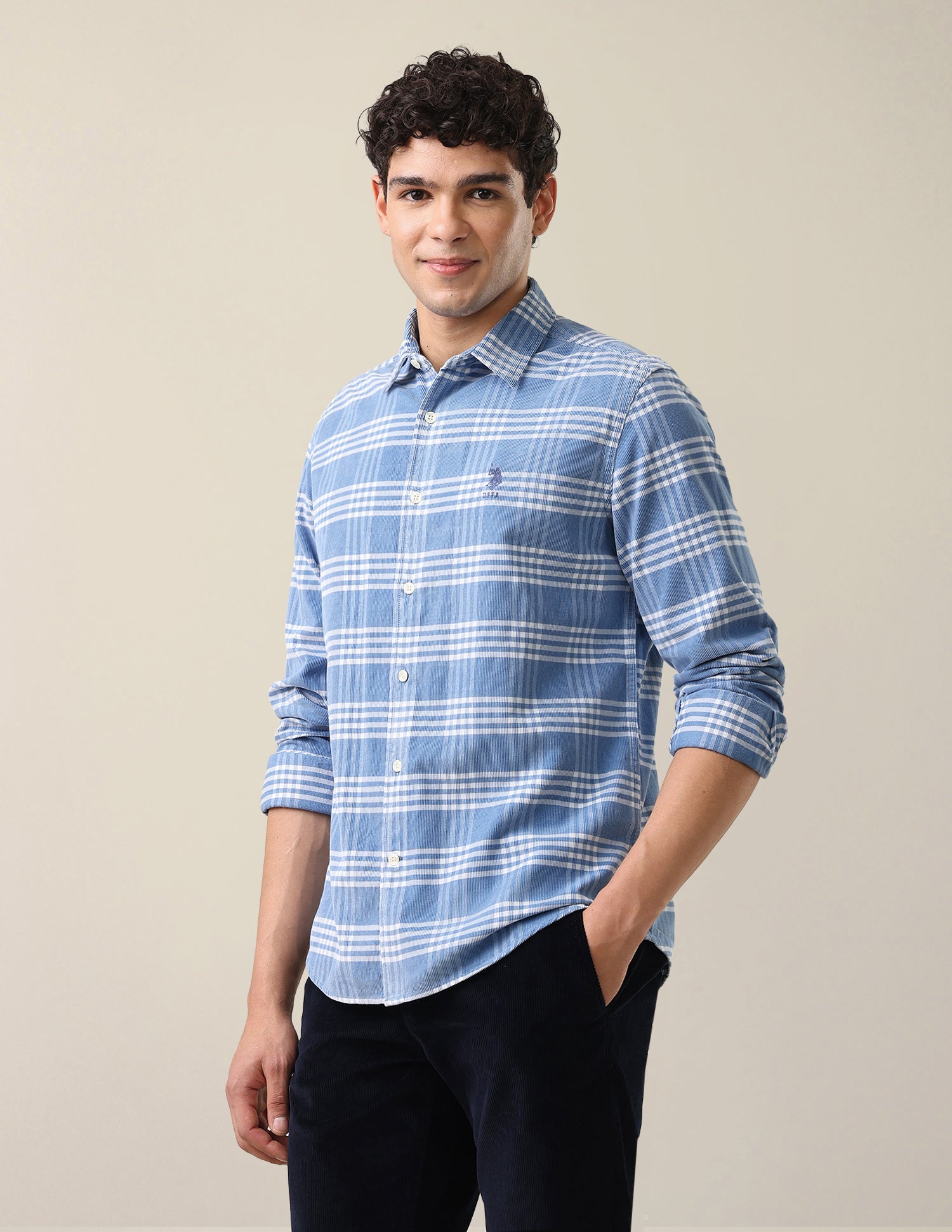 Grid Tattersall Checked Corduroy Shirt Light Indigo - U.S. Polo Assn. India | Large