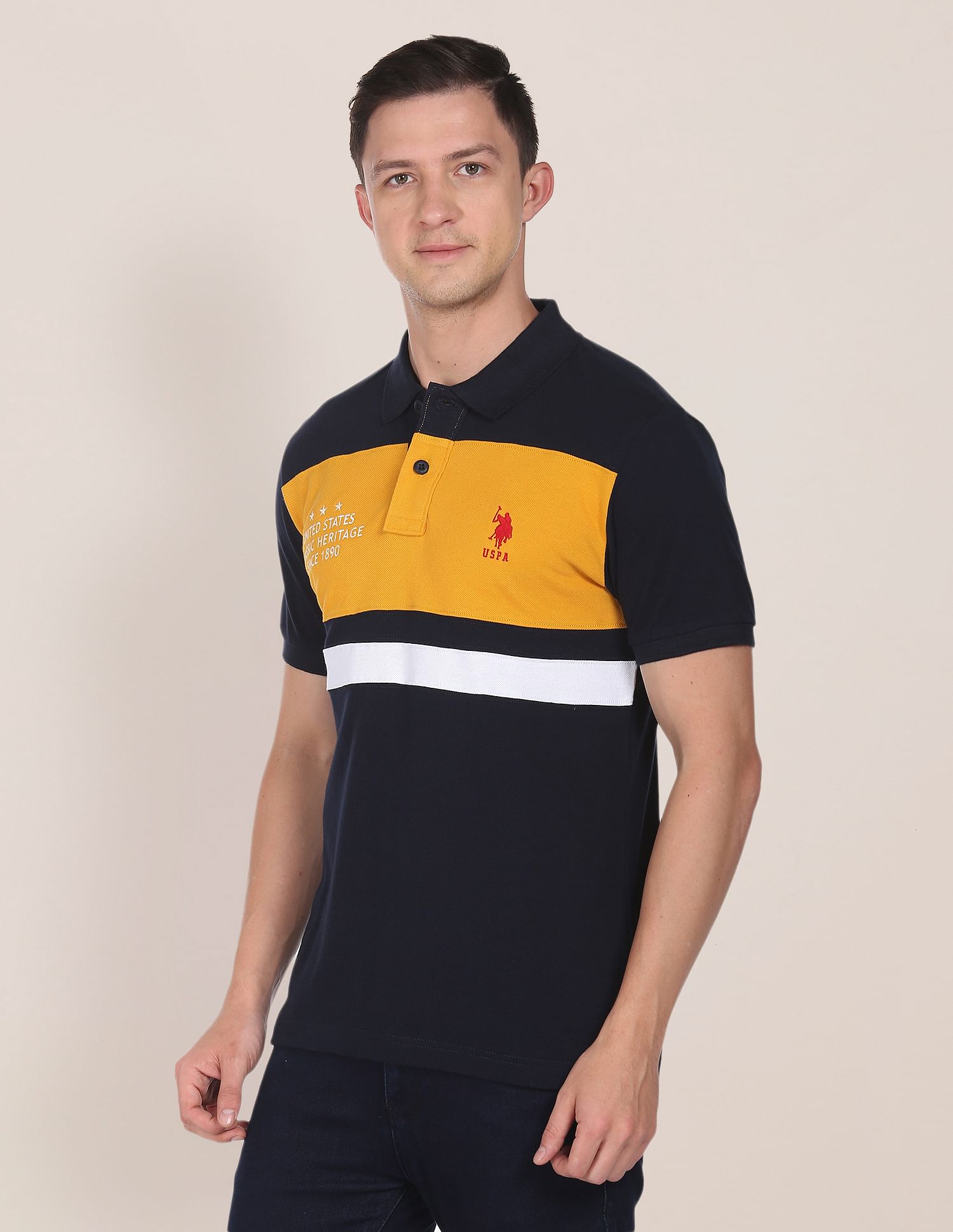 Colour Block Panelled Cotton Polo Shirt Navy and Yellow - U.S. POLO ASSN. | Large