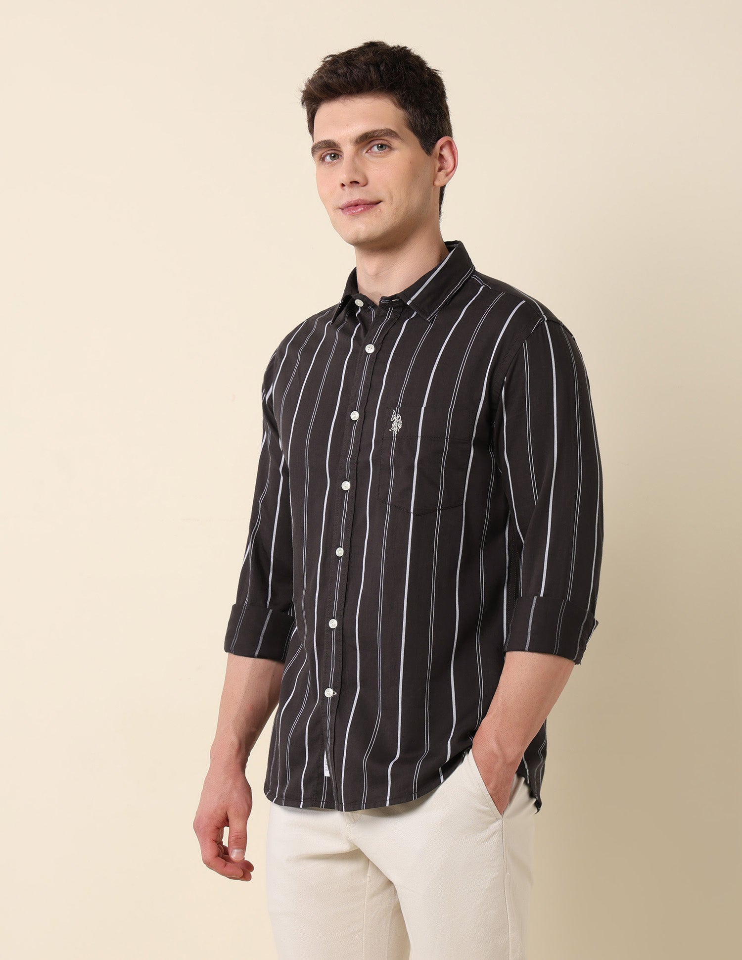 Vertical Striped Pure Cotton Shirt Brown - U.S. Polo Assn. India | Large
