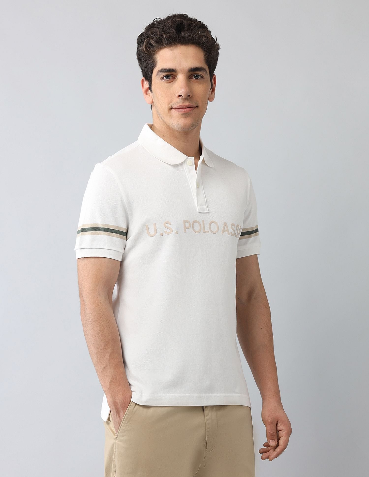 Muscle Fit Brand Printed Polo Shirt Ivory - U.S. Polo Assn. India | Large