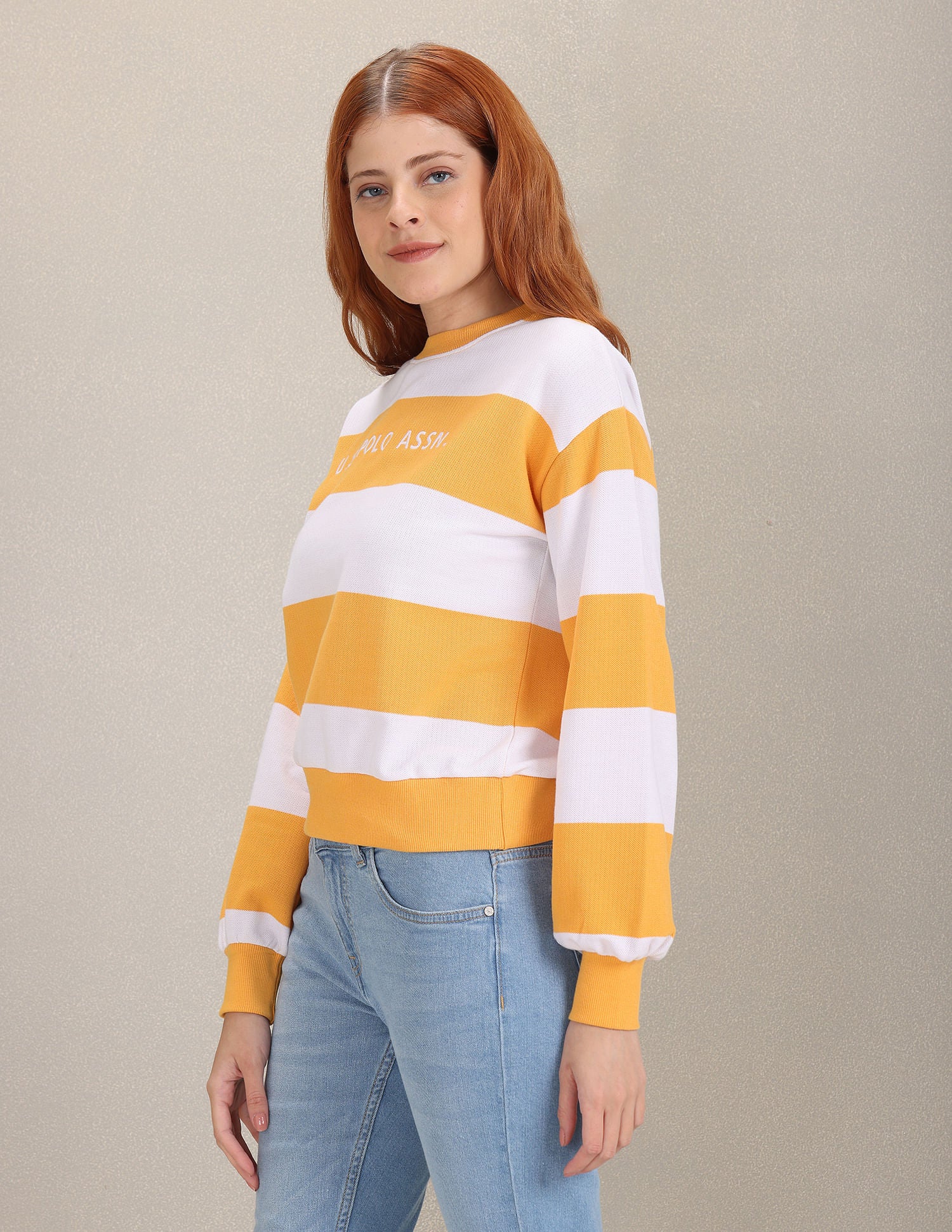 Crew Neck Colour Block Sweatshirt Mustard and White - U.S. Polo Assn. India | Large