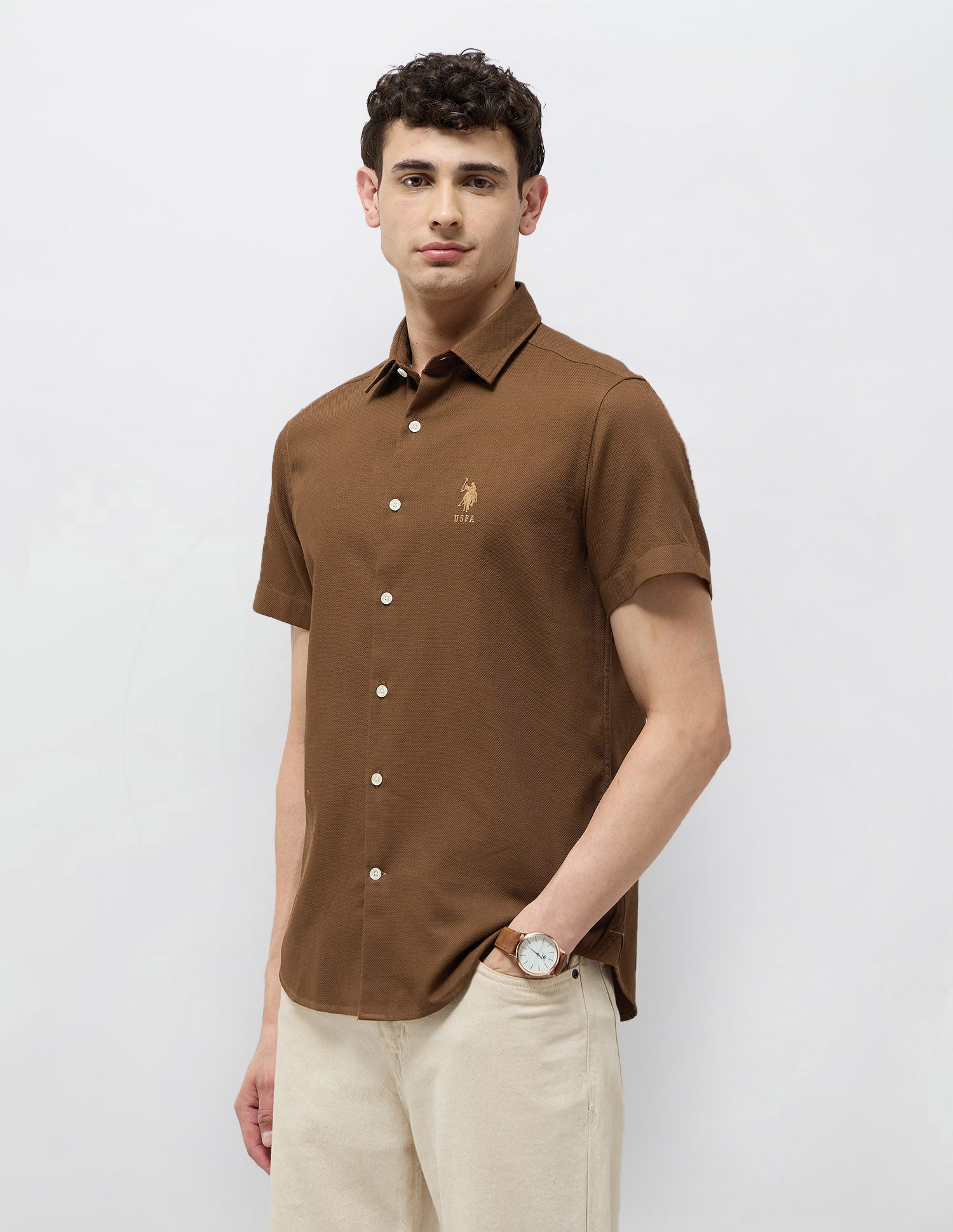 Dobby Textured Regular Fit Shirt Brown - U.S. Polo Assn. India | Large
