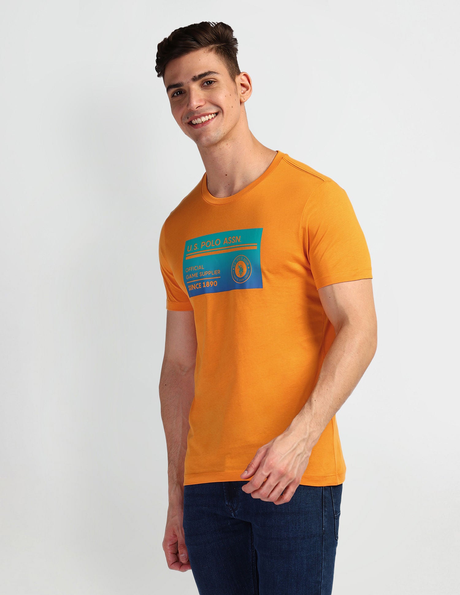 Brand Print Muscle Fit T-Shirt Orange - U.S. Polo Assn. India | Large