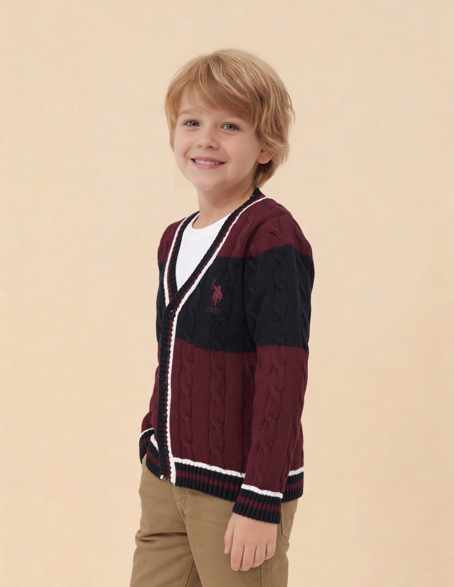 Boys Cable Knit Colorblocked Regular Fit Sweater Maroon - U.S. Polo Assn. India | Large