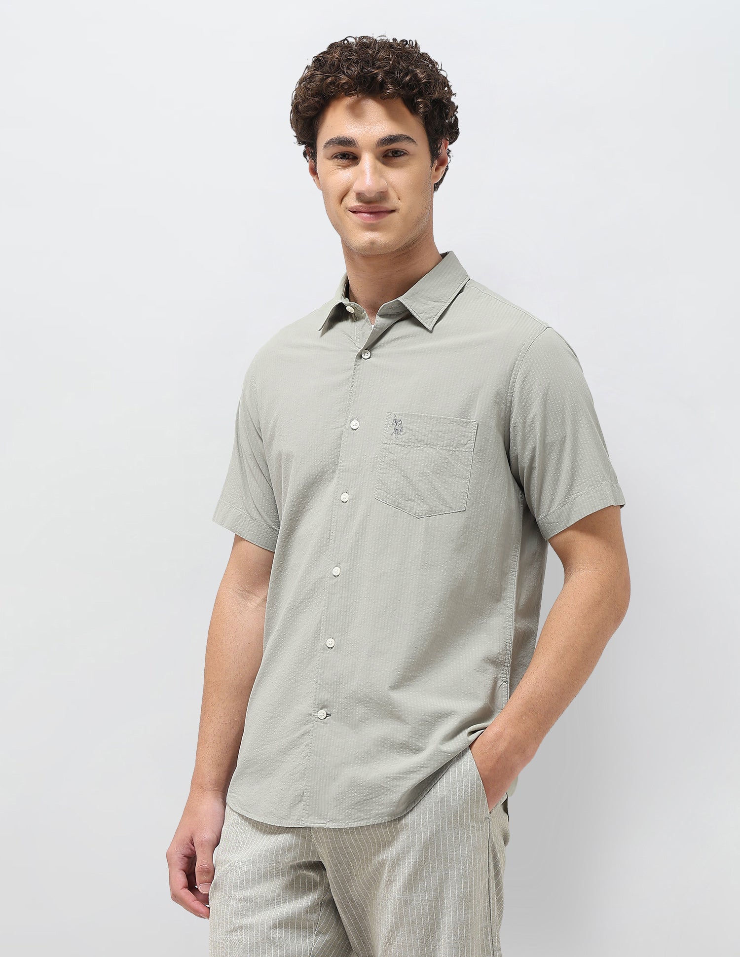 Regular Fit Seersucker Shirt Light Olive - U.S. Polo Assn. India | Large