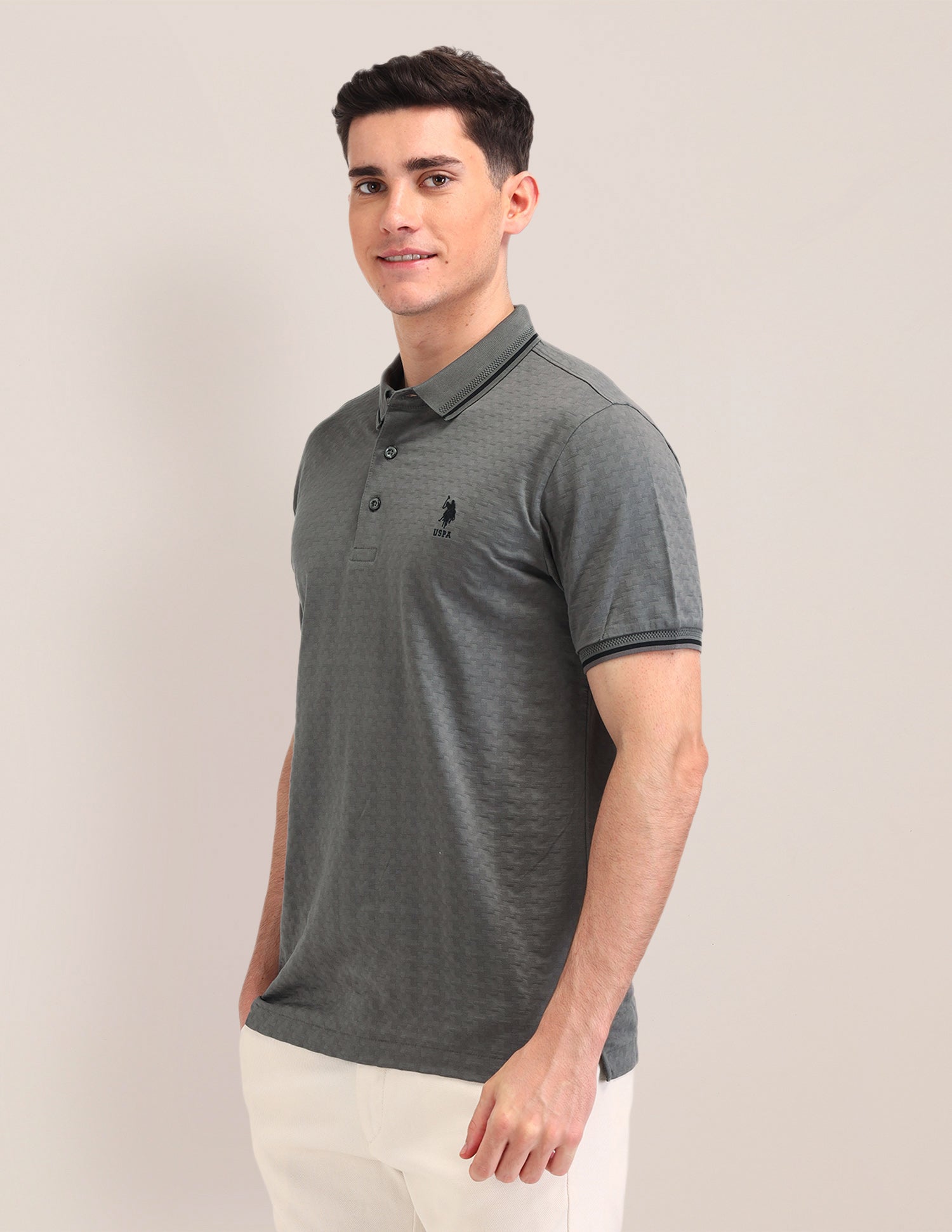 Textured Cotton Polo Shirt Grey - U.S. Polo Assn. India | Large