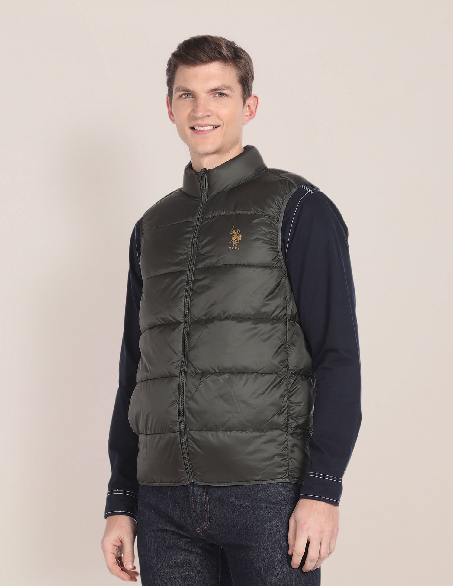 High Neck Sleeveless Quilted Jacket Olive - U.S. Polo Assn. India | Large