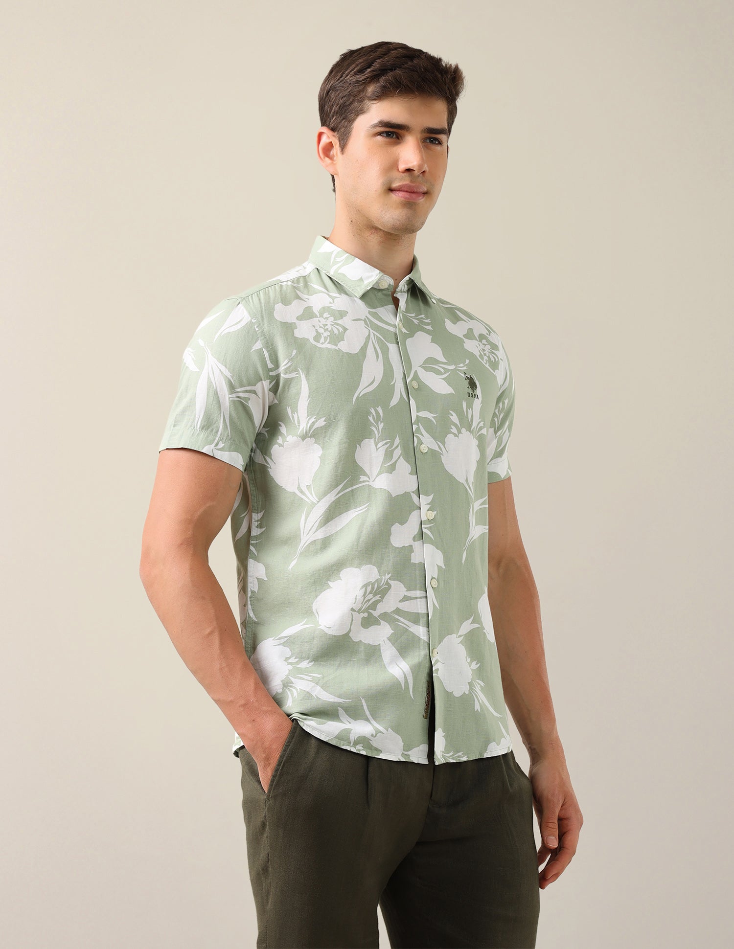 Floral Printed Cotton Linen Shirt Light Green - U.S. Polo Assn. India | Large