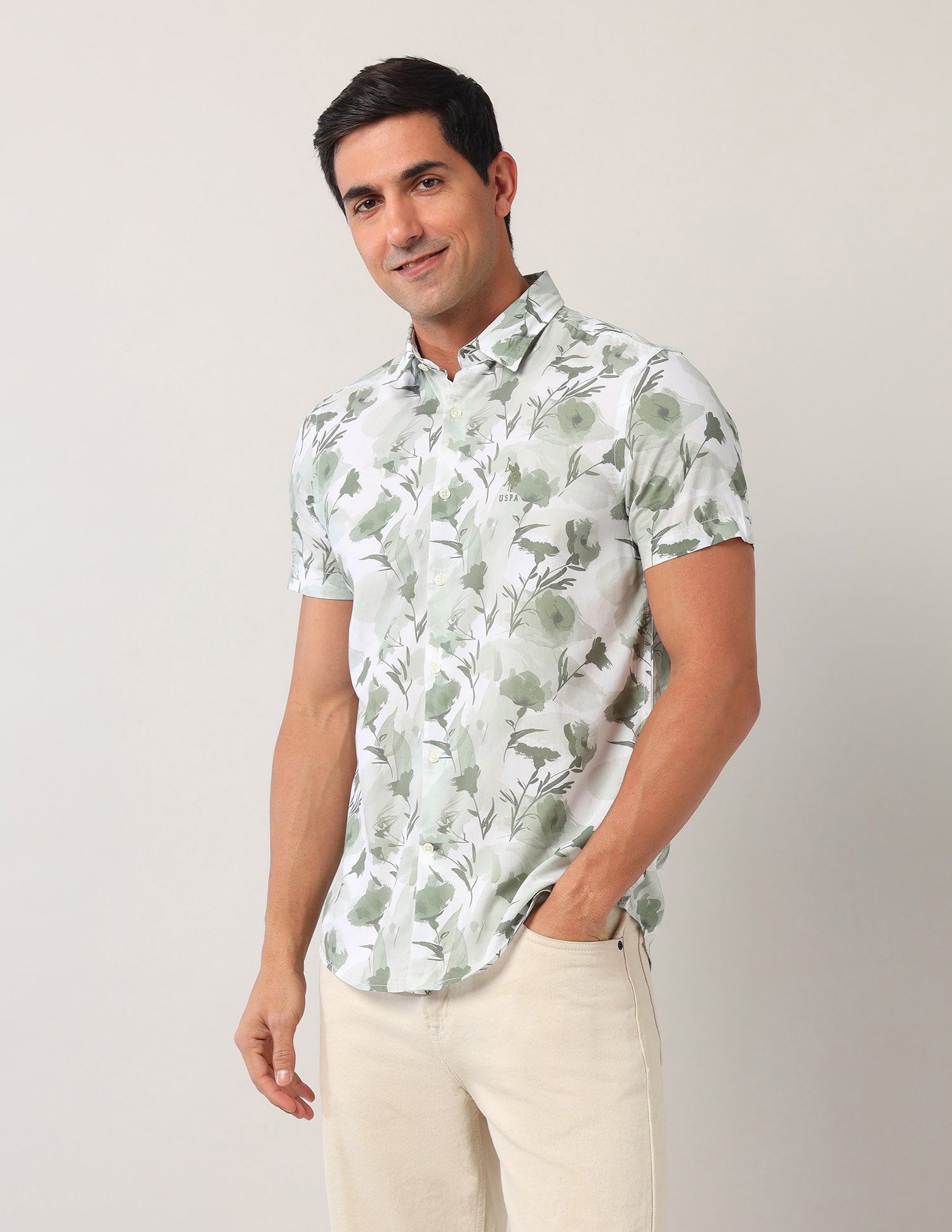 Floral Printed Poplin Shirt Grey - U.S. POLO ASSN. | Large
