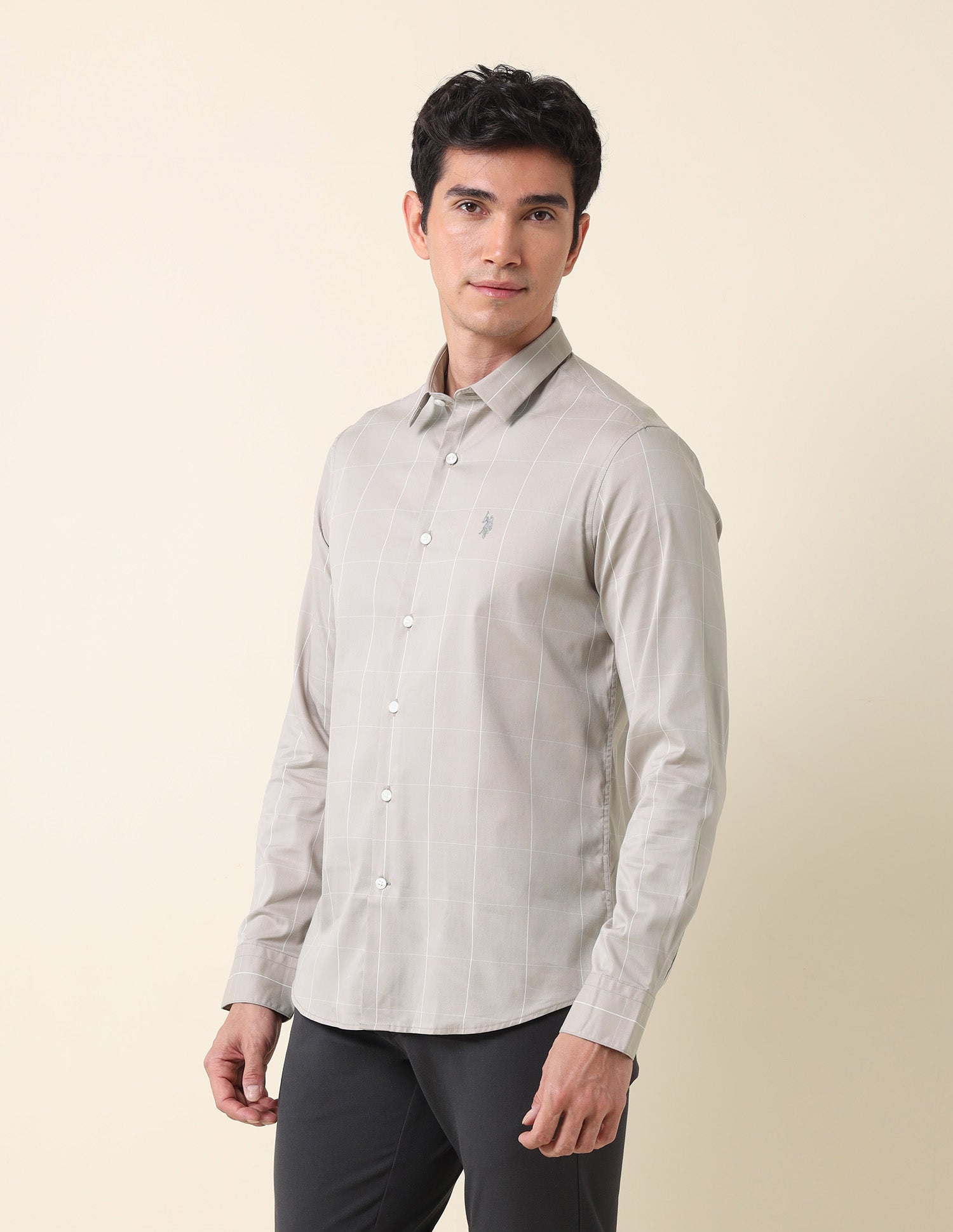 Windowpane Checked Twill Shirt Light Grey - U.S. Polo Assn. India | Large