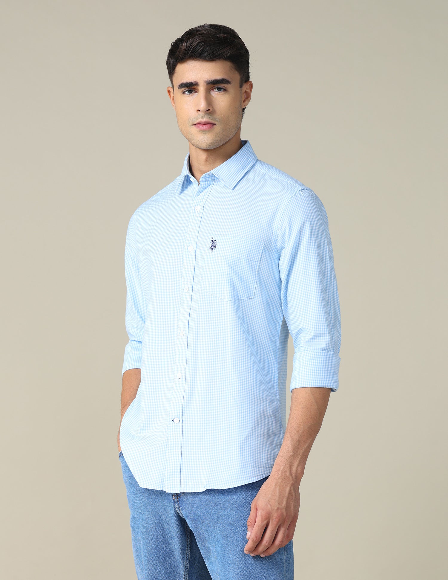 Gingham Checked Tailored Fit Shirt Light Blue - U.S. POLO ASSN. | Large