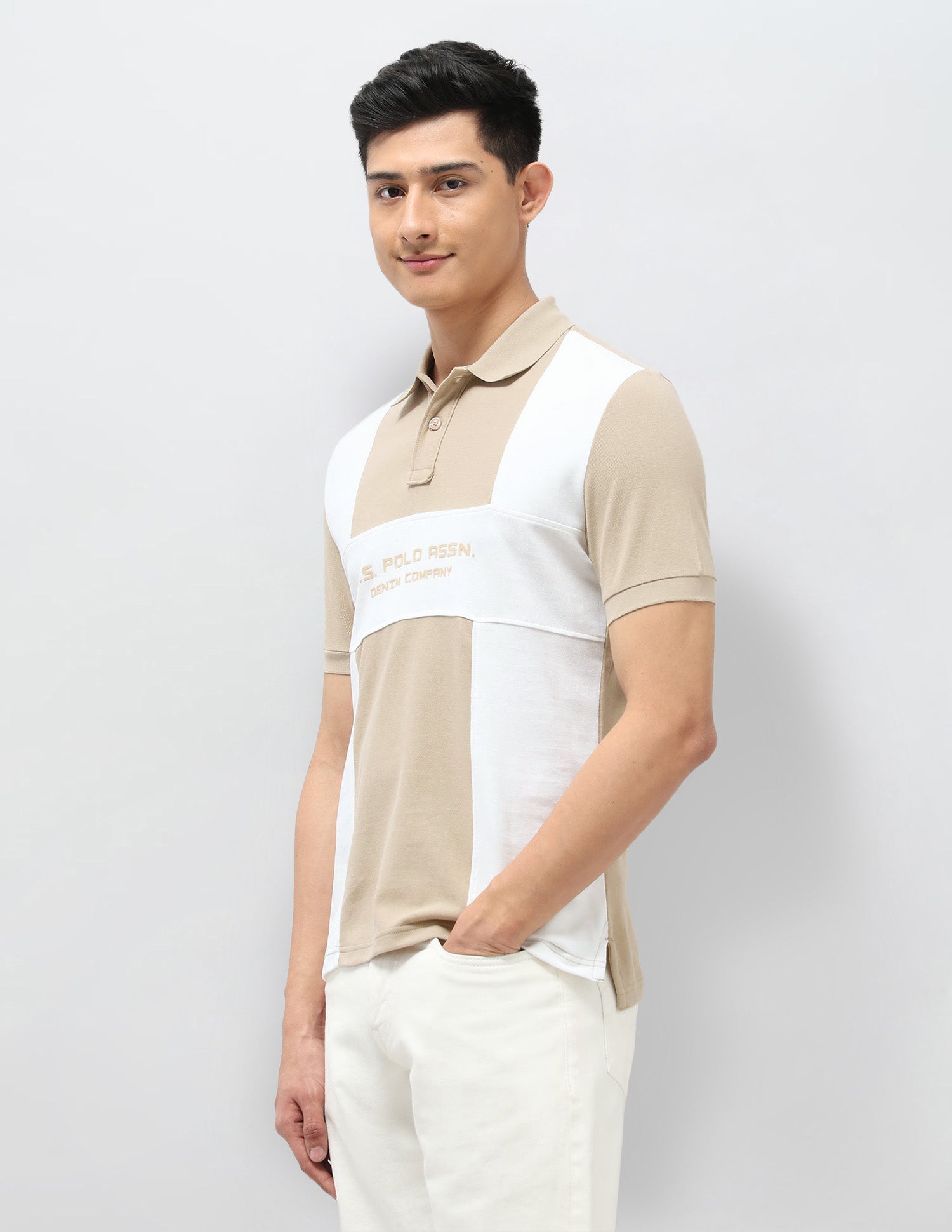 Colourblocked Pure Cotton Polo Shirt Beige - U.S. POLO ASSN. | Large