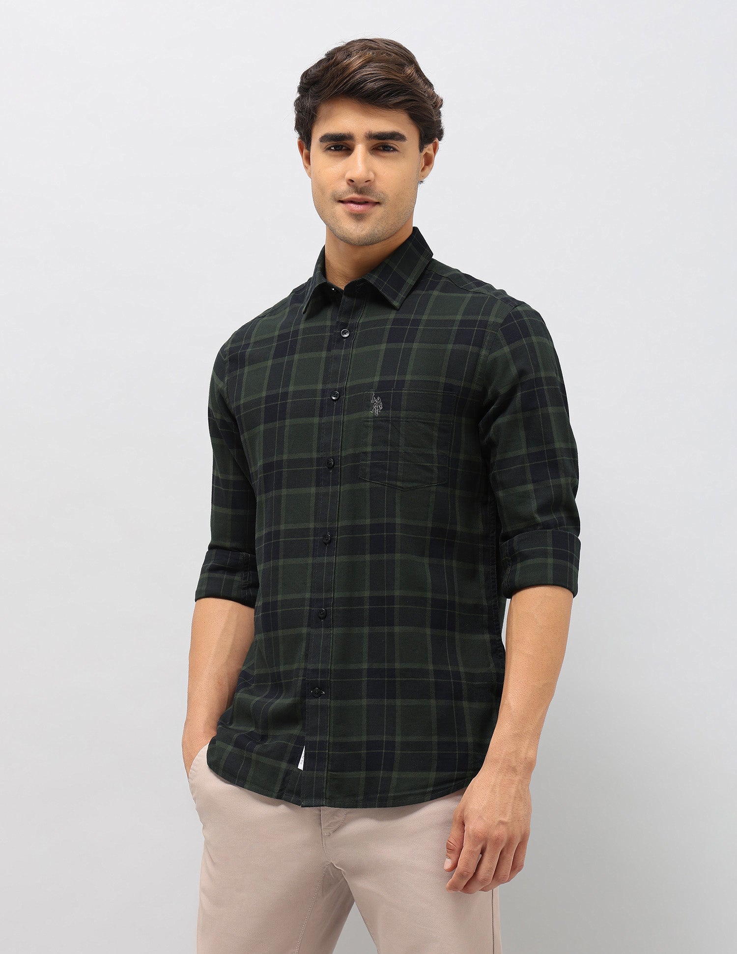Plaid Checked Tailored Fit Shirt Olive - U.S. Polo Assn. India | Large