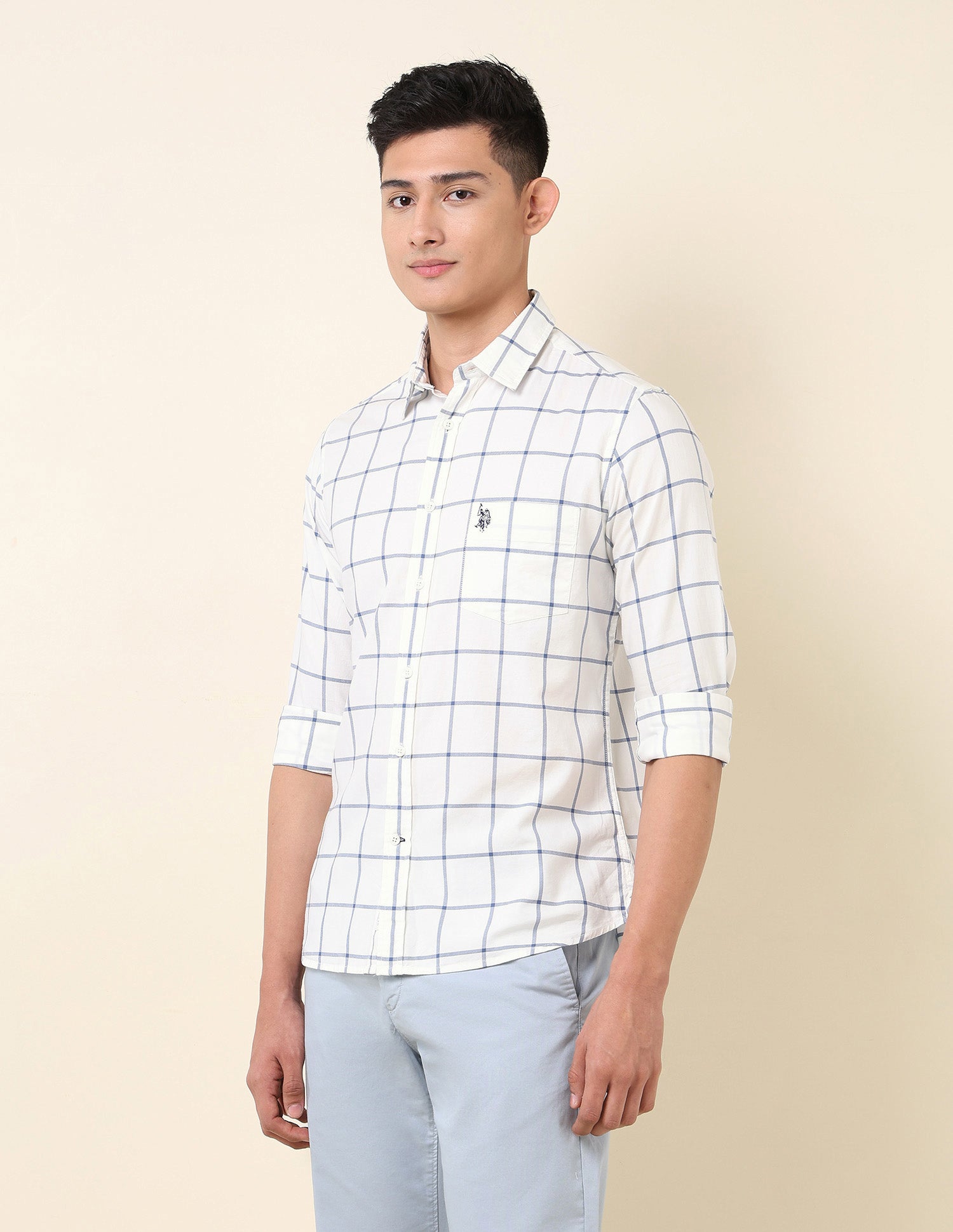 Pure Cotton Windowpane Checked Shirt Navy - U.S. Polo Assn. India | Large