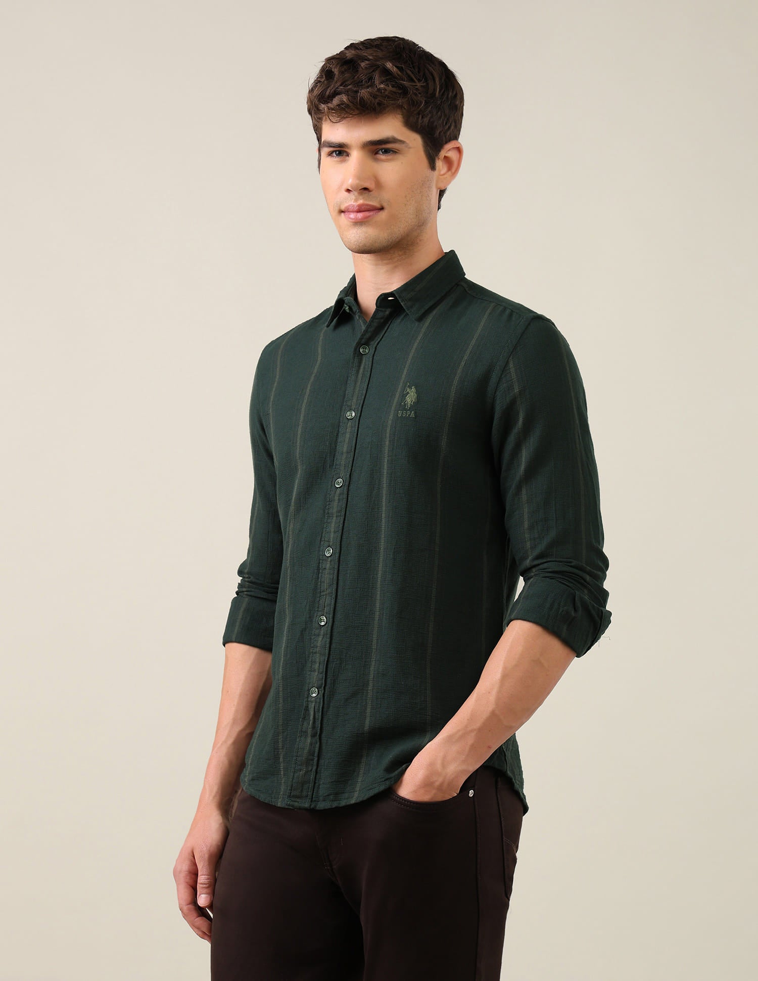 Vertical Striped Regular Fit Shirt Green - U.S. Polo Assn. India | Large