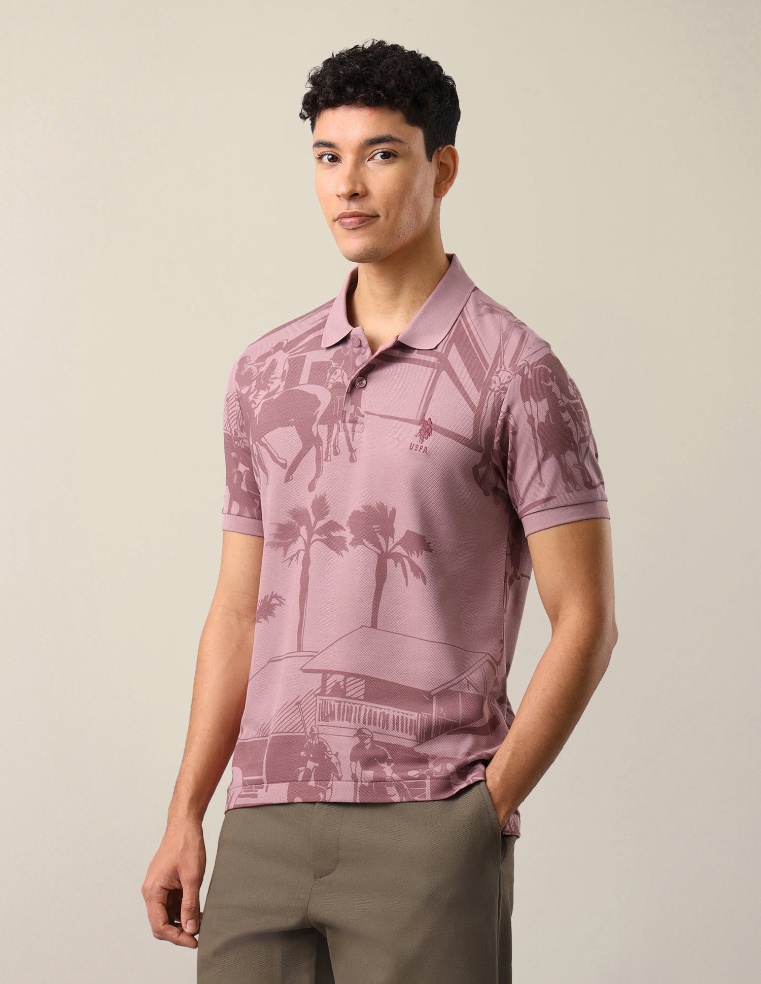Graphic Brand Printed Slim Fit Polo Shirt Peach - U.S. Polo Assn. India | Large