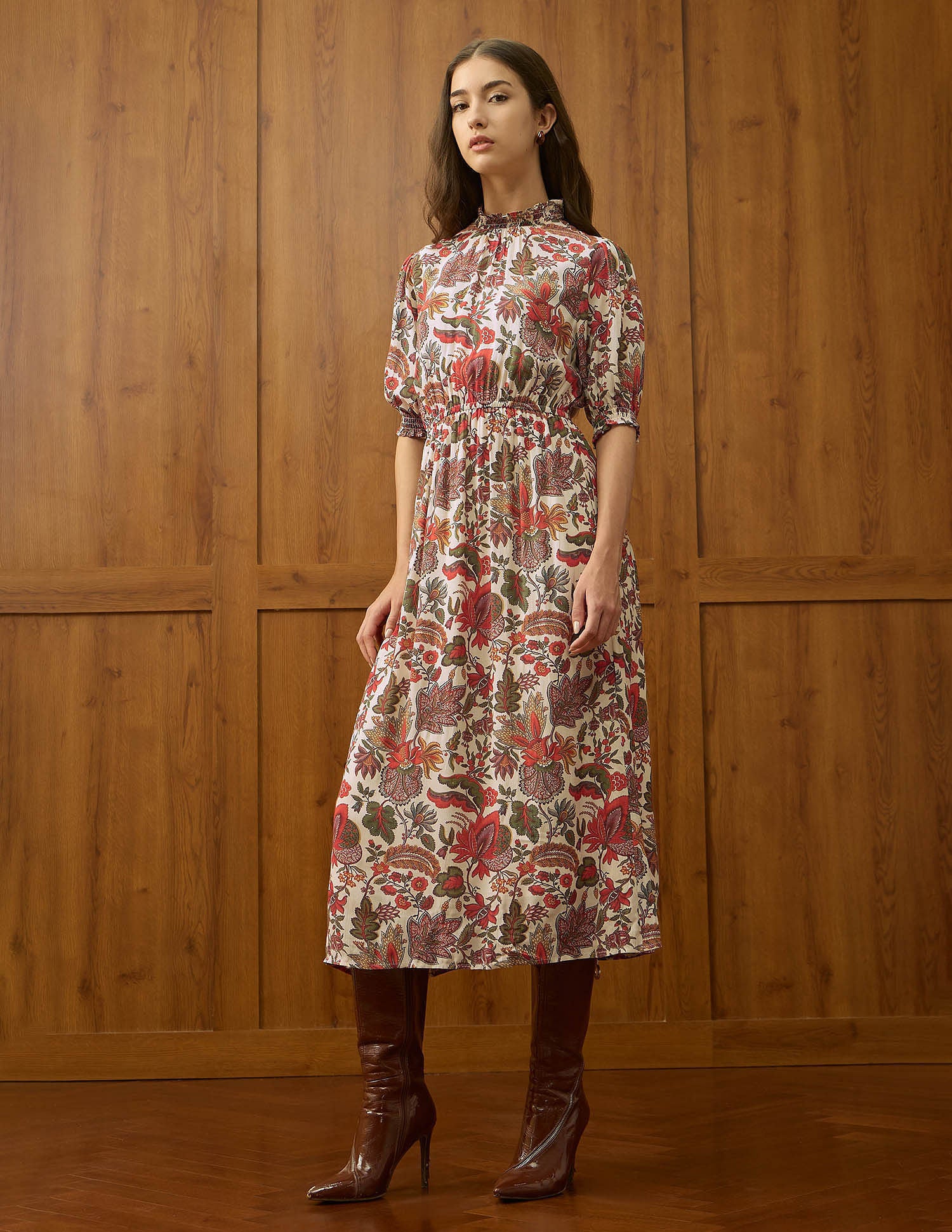 Smocked Floral Printed A-Line Midi Dress Ecru - U.S. POLO ASSN. | Large