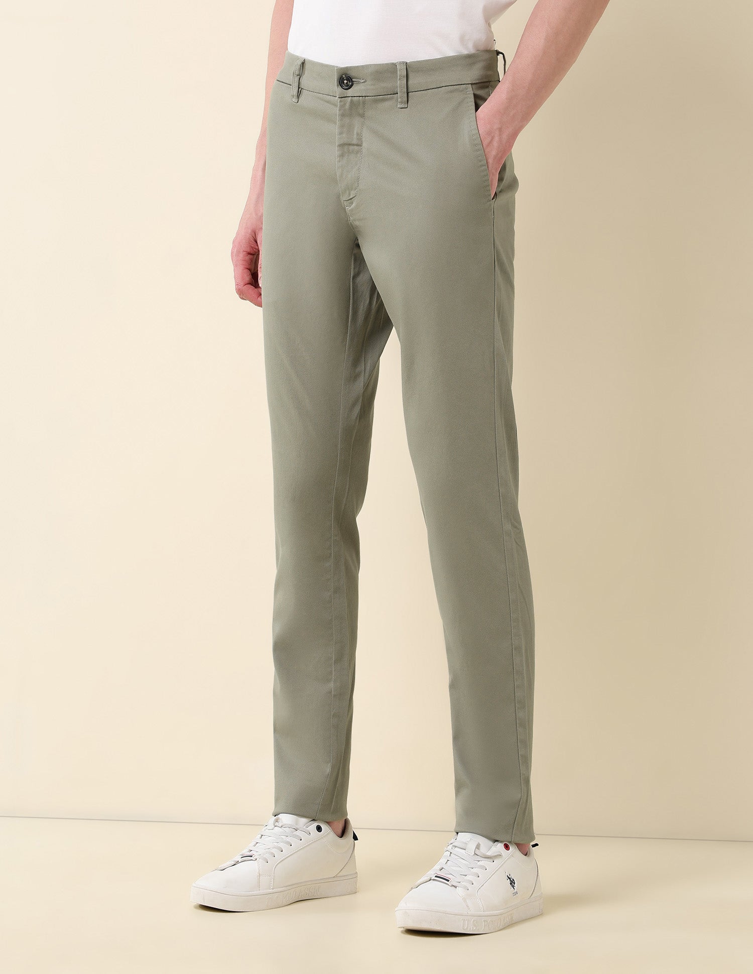 Textured Austin Slim Fit Twill Trousers Light Olive - U.S. Polo Assn. India | Large