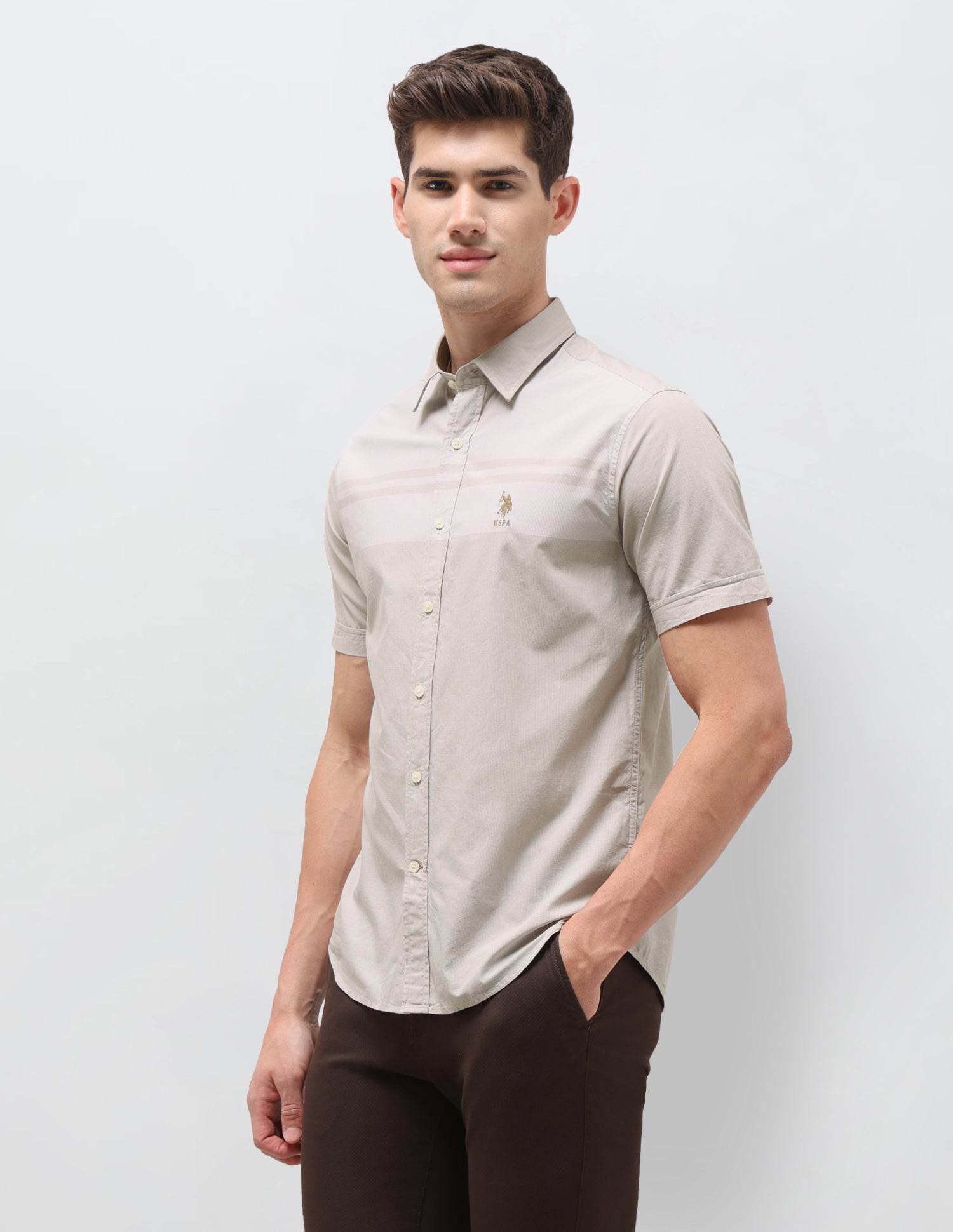 Solid Striped Detail Regular Fit Shirt Beige - U.S. Polo Assn. India | Large