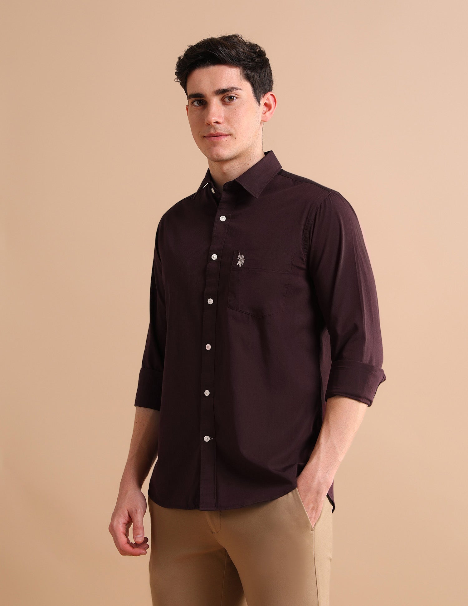 Textured Cotton Shirt Maroon - U.S. POLO ASSN. | Large