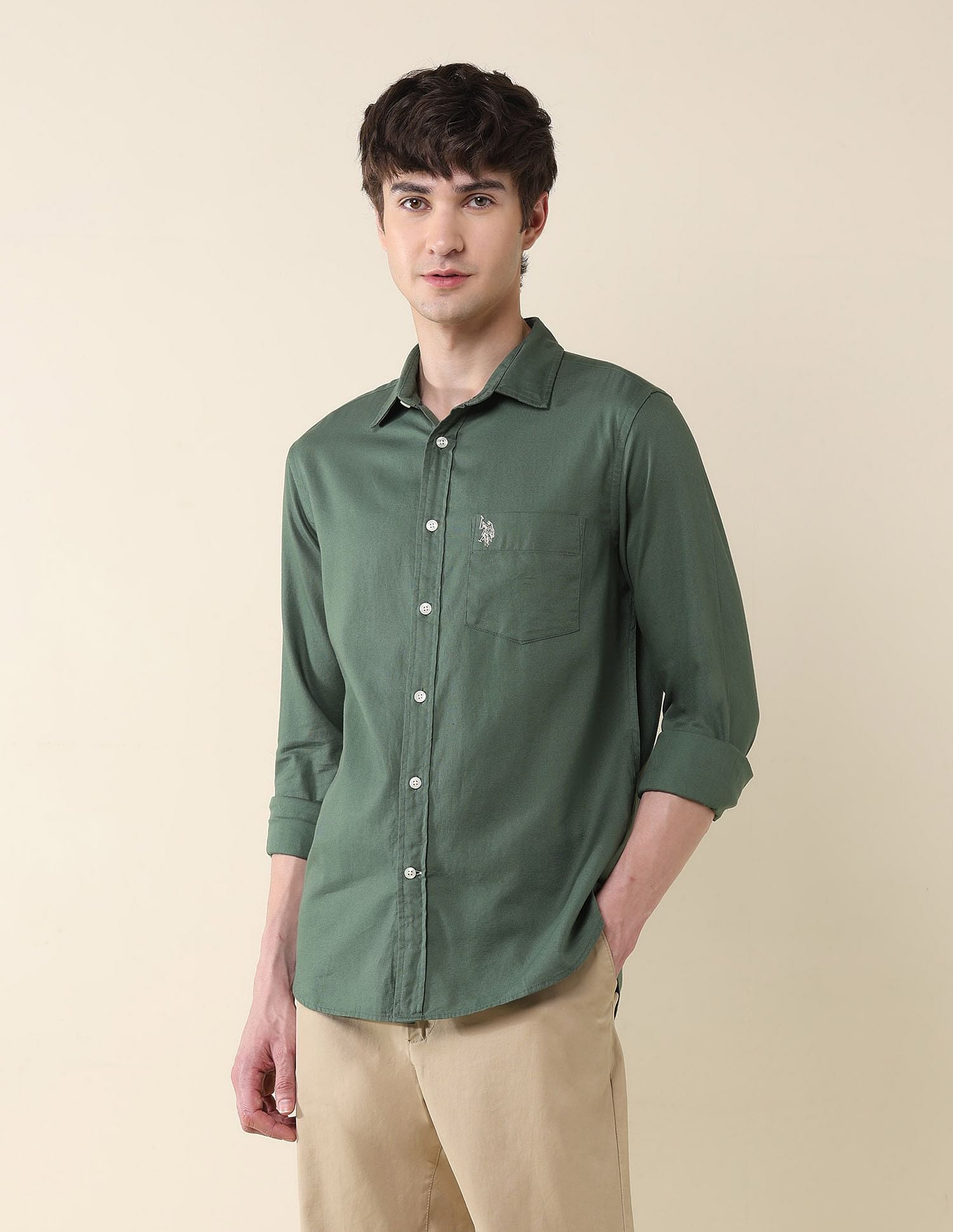 Solid Birds Eye Dobby Shirt Light Green - U.S. Polo Assn. India | Large