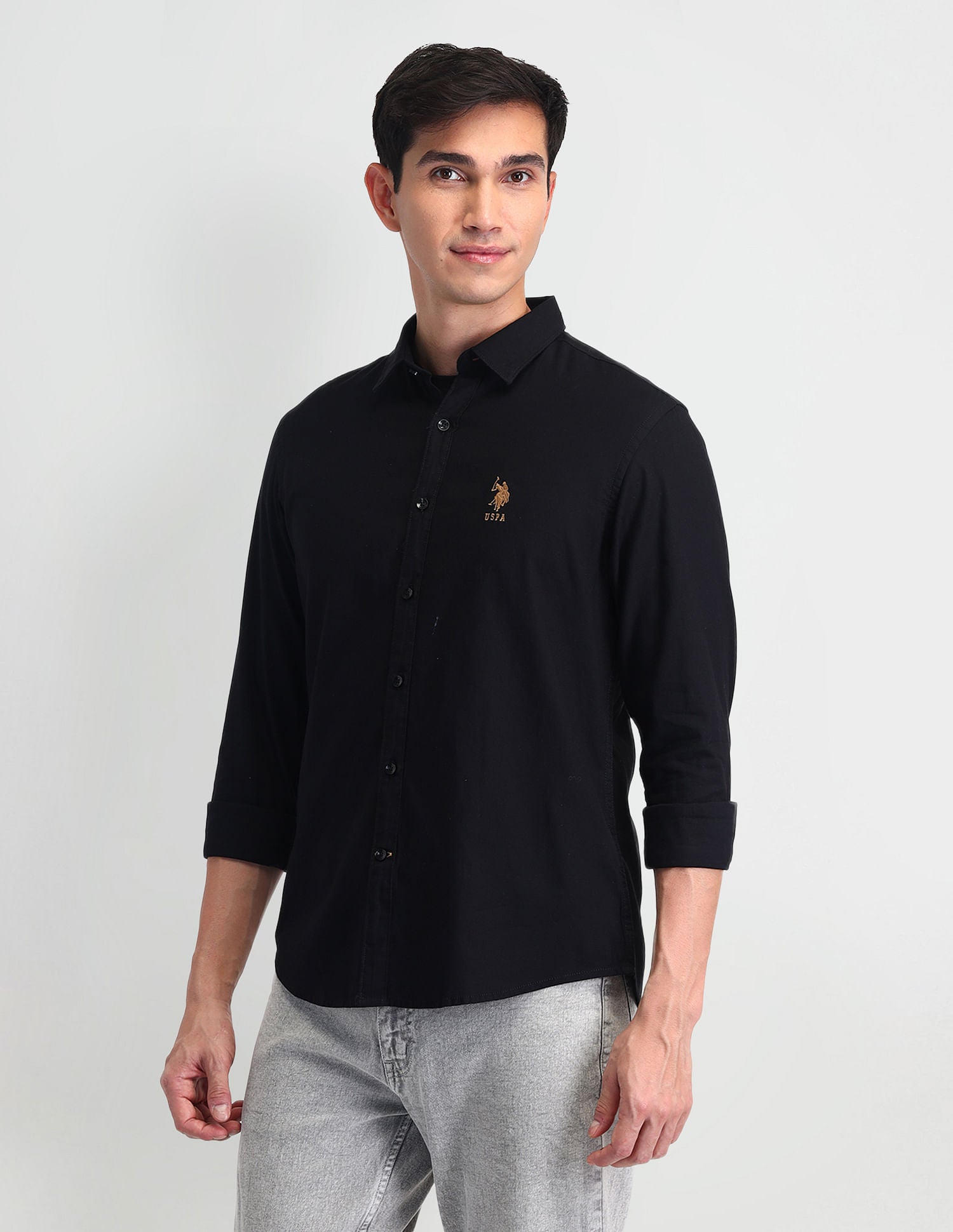 Pure Cotton Solid Shirt Black - U.S. Polo Assn. India | Large