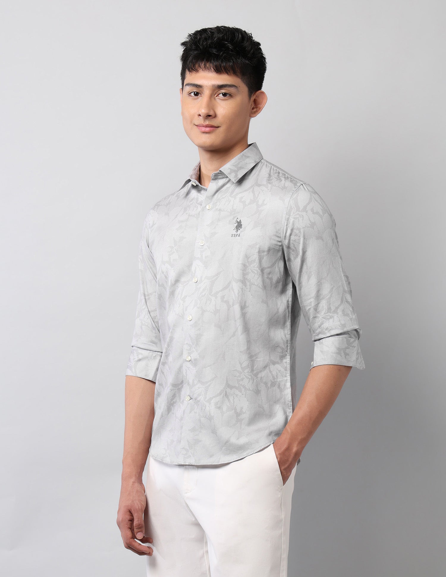 Floral Printed Pure Cotton Shirt Light Grey - U.S. Polo Assn. India | Large