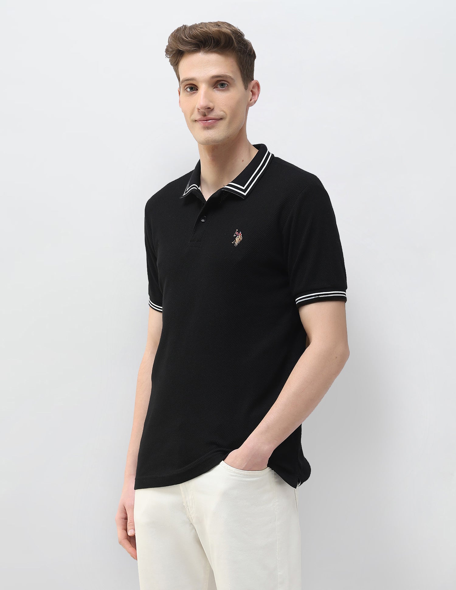Textured Motel On The Coast Polo Shirt Black - U.S. Polo Assn. India | Large