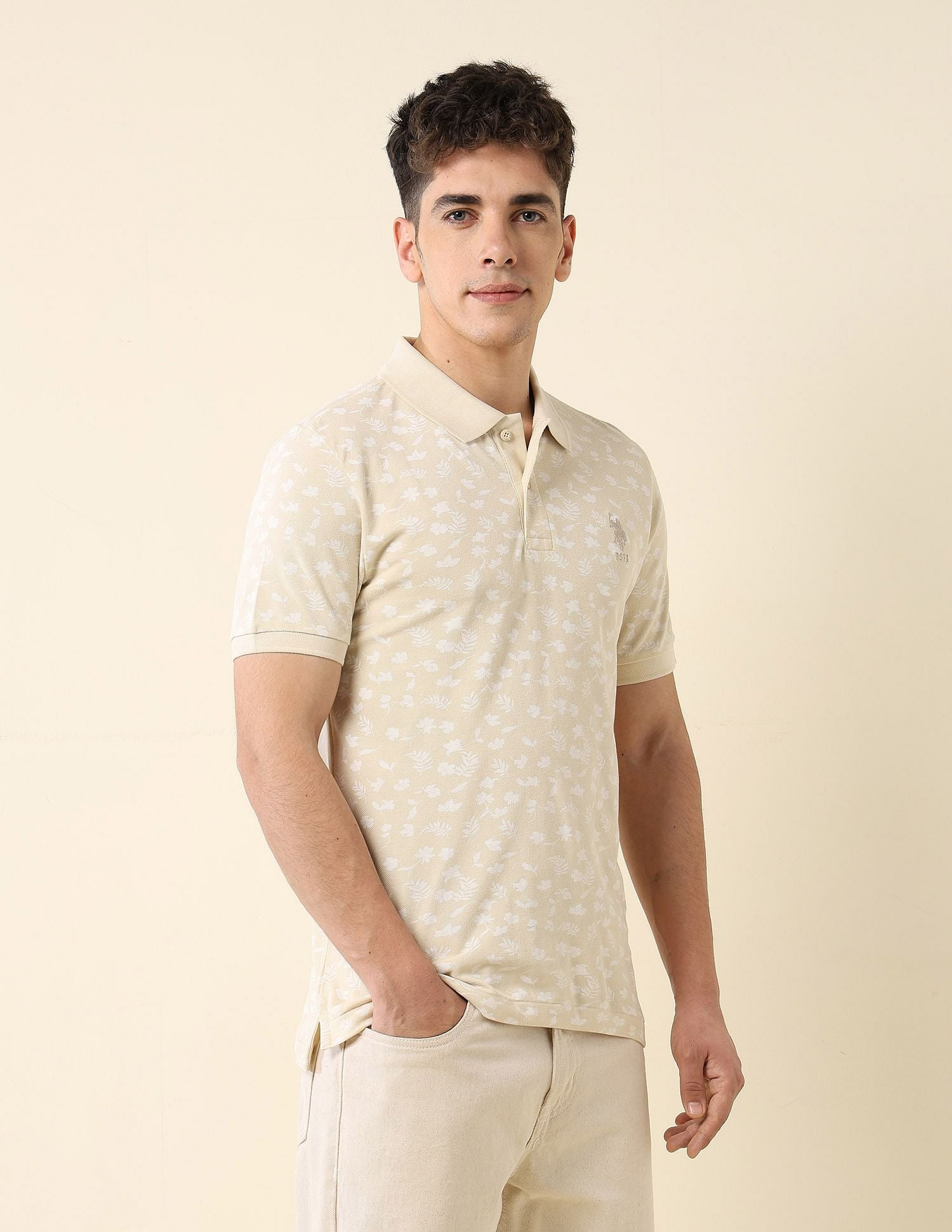 All-Over Printed Slim Fit Polo Shirt Beige - U.S. Polo Assn. India | Large