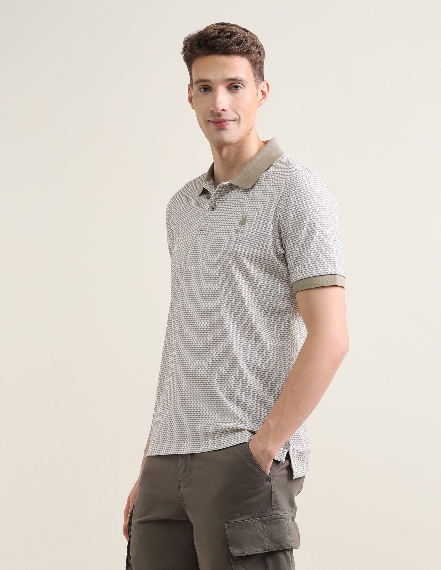 Geometric Printed Slim Fit Polo Shirt Light Brown - U.S. Polo Assn. India | Large